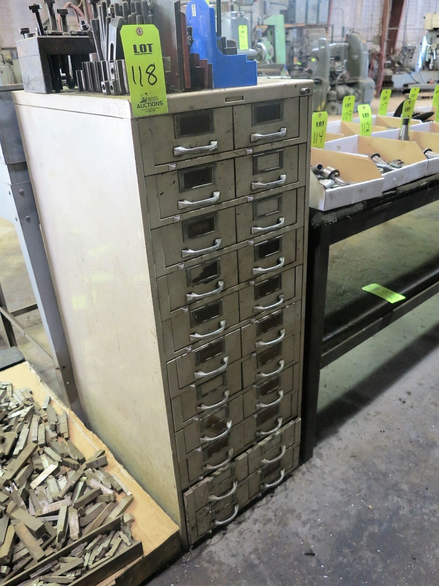 12 DRAWER PARTS CABINET W/ ENDMILLS, ALLENS, TAPS-DIES, AND RELATED ITEMS