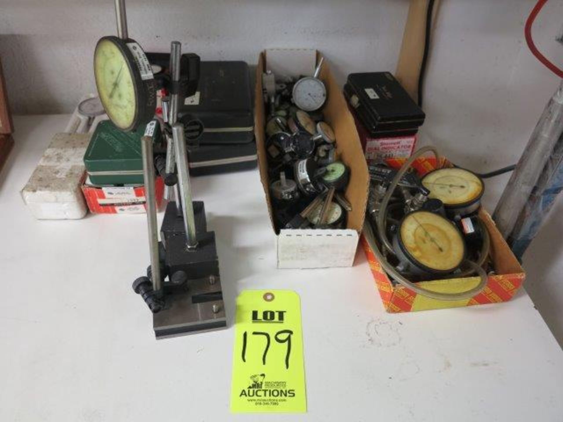 LOT OF DIAL INDICATORS, STANDS, PARTS