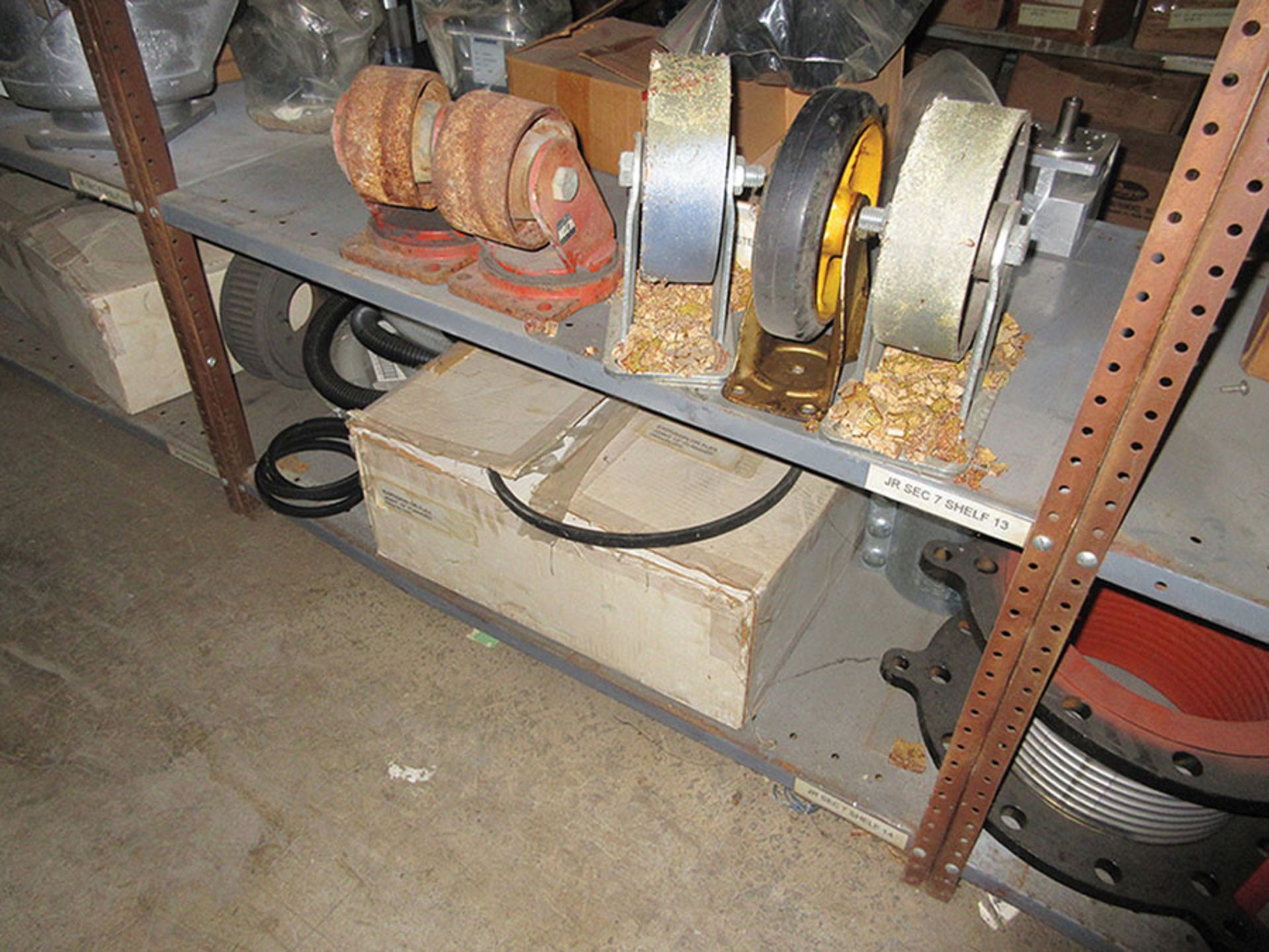 CONTENTS OF LOWER PART (1) SIDE, (4) SECTIONS OF SHELF UNIT: ASSORTMENT OF WHEELS & CASTERS; - Image 7 of 10