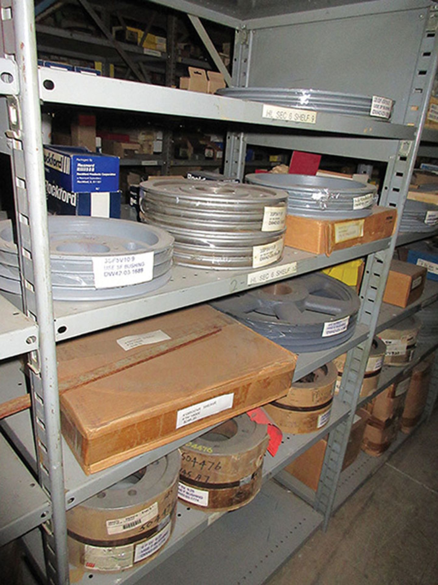 CONTENTS OF (1) SIDE, (5) SECTIONS OF SHELF UNIT: ASSORTMENT OF PULLEYS; SHEAVES; BUSHINGS; SQUARE D - Image 10 of 15