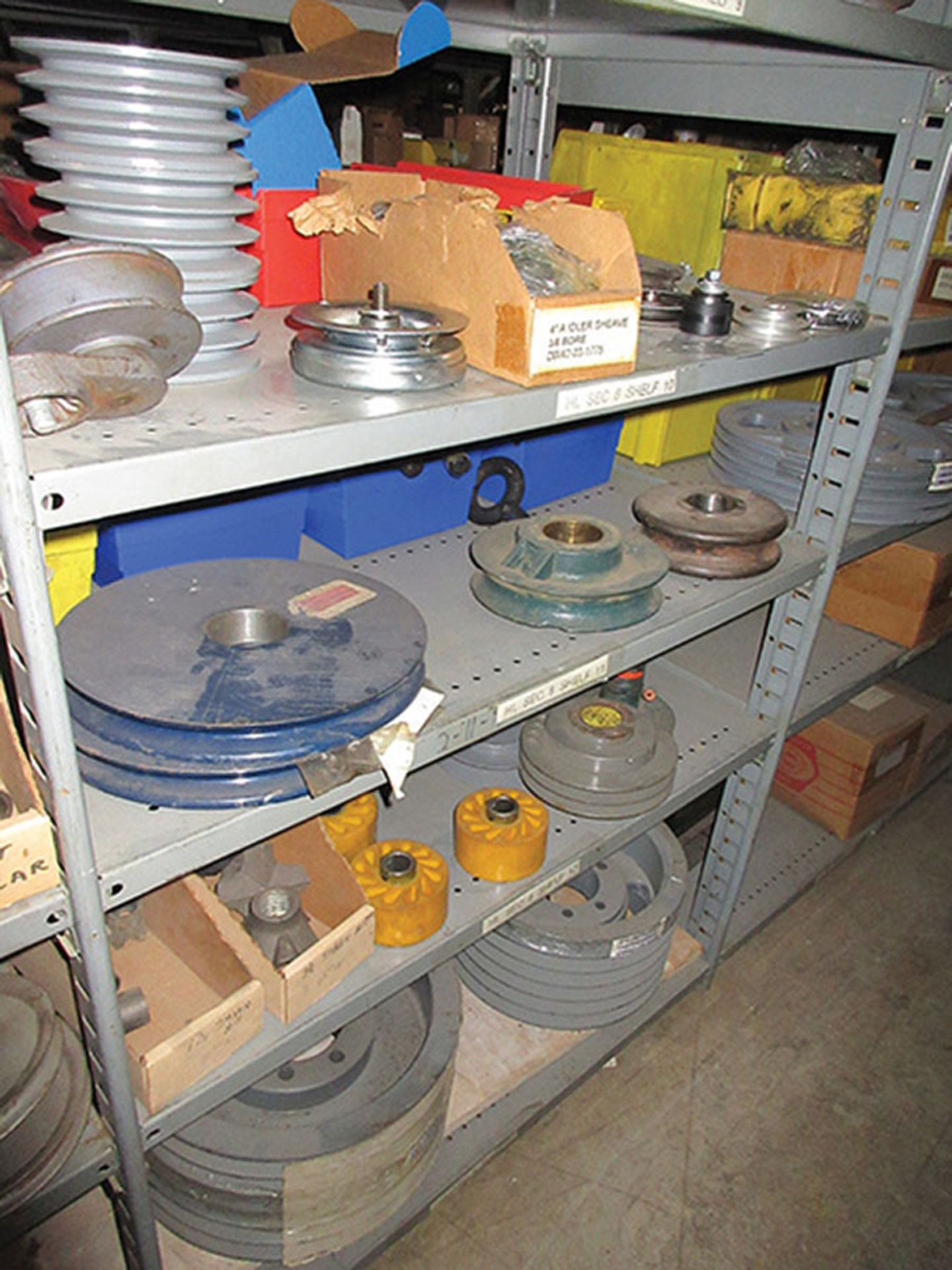 CONTENTS OF (1) SIDE, (5) SECTIONS OF SHELF UNIT: ASSORTMENT OF PULLEYS; SHEAVES; BUSHINGS; SQUARE D - Image 4 of 15