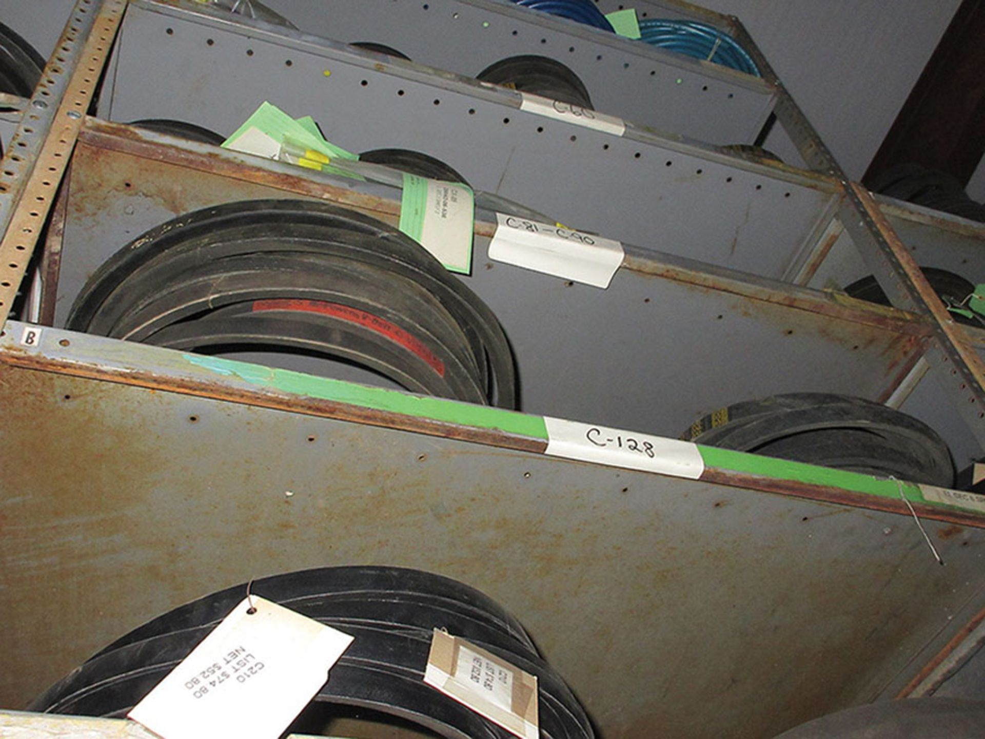 CONTENTS OF TOP PART OF ENTIRE SHELF UNIT: PYLONS, VARIOUS BELTS, HOSES, 3'' X 132'', 4'' X 36'', - Image 3 of 8