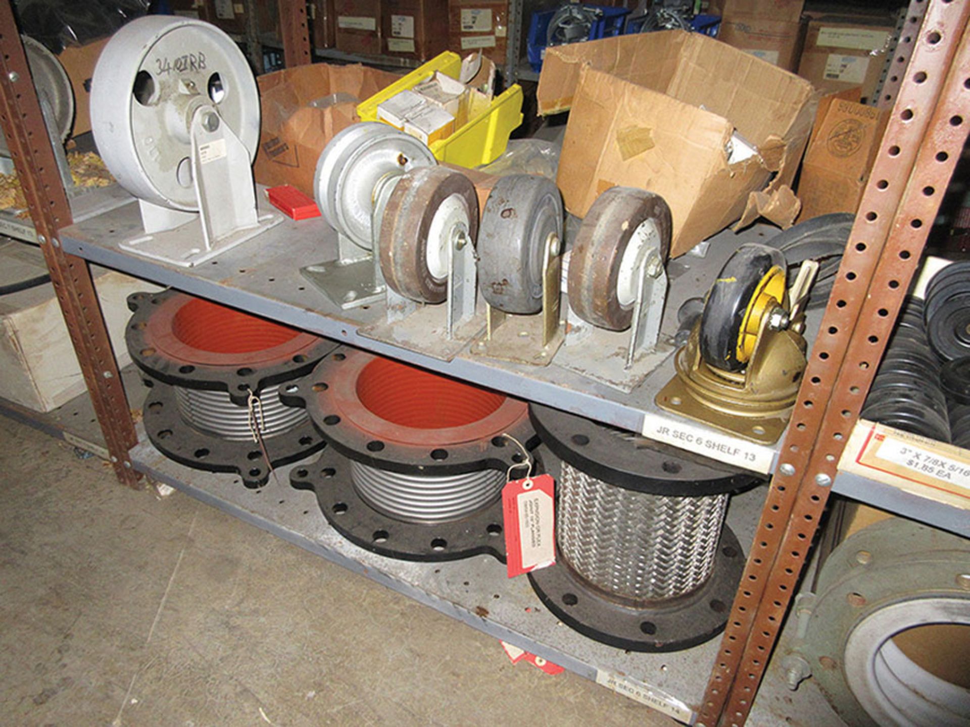 CONTENTS OF LOWER PART (1) SIDE, (4) SECTIONS OF SHELF UNIT: ASSORTMENT OF WHEELS & CASTERS; - Image 6 of 10