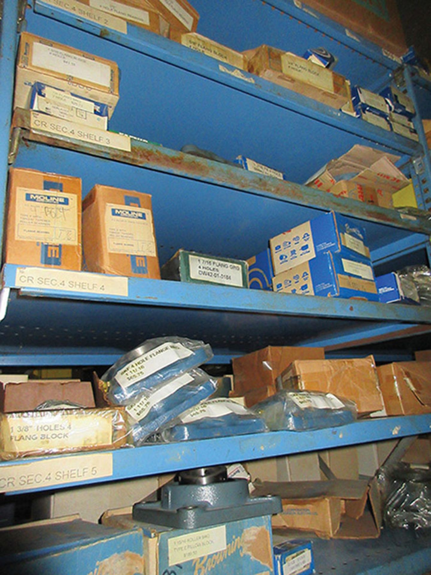 CONTENTS OF (1) SIDE OF (3) SECTIONS OF SHELF UNIT: LARGE ASSORTMENT OF CARTRIDGE BEARINGS, FLANGE