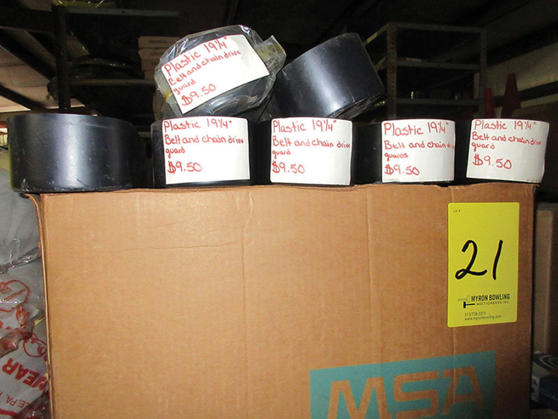 CONTENTS OF TOP SHELF: MANY HARD HATS, WELDING HELMET, 19 1/4'' BELT/CHAIN GUARDS ***ALL ITEMS