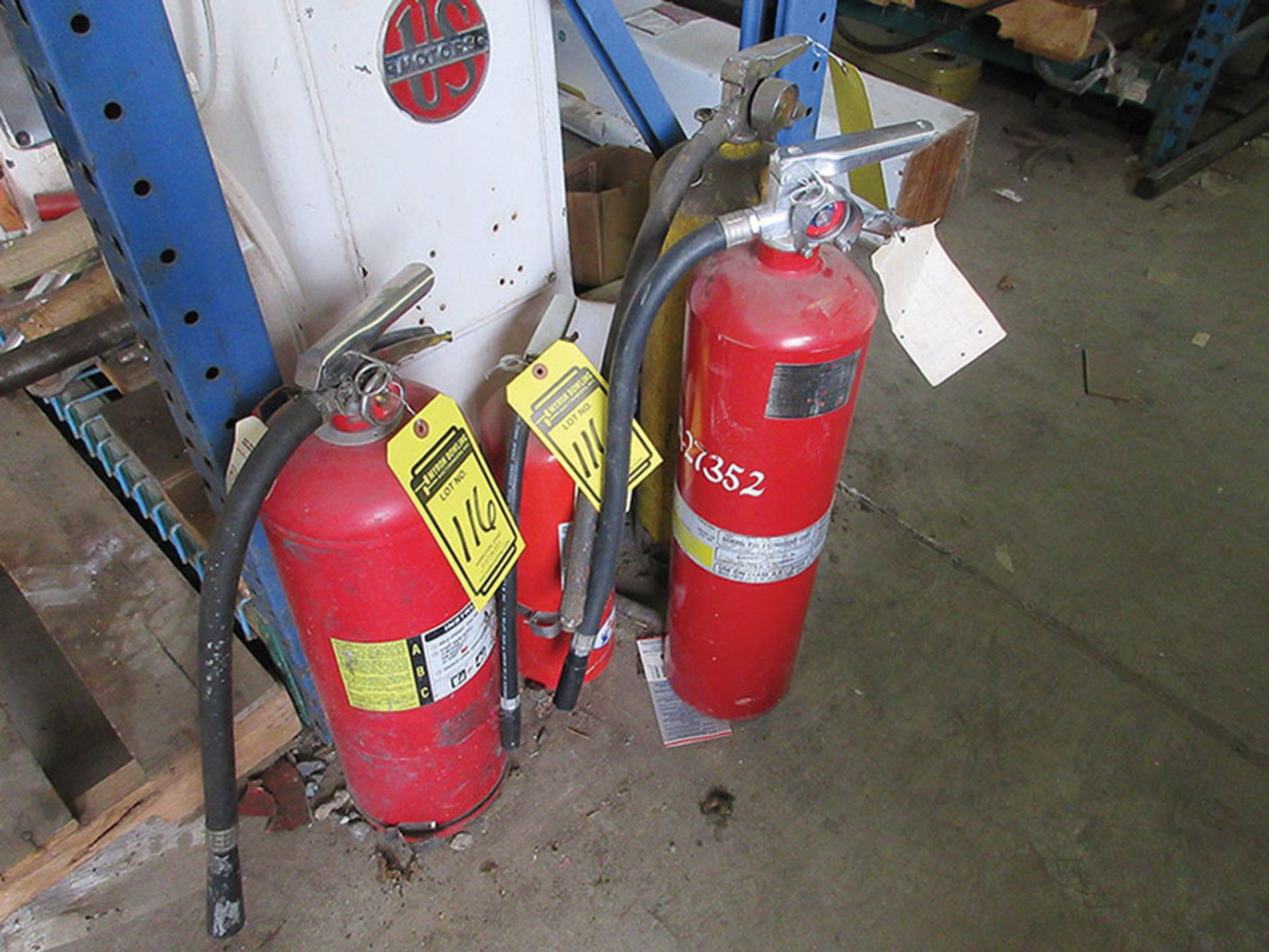 (3) SETS OF STOCKROOM STAIRS: 9 1/2', 4 1/2' & 2 1/2' WORKING HEIGHTS, FIRE EXTINGUISHERS & (2) SHOP