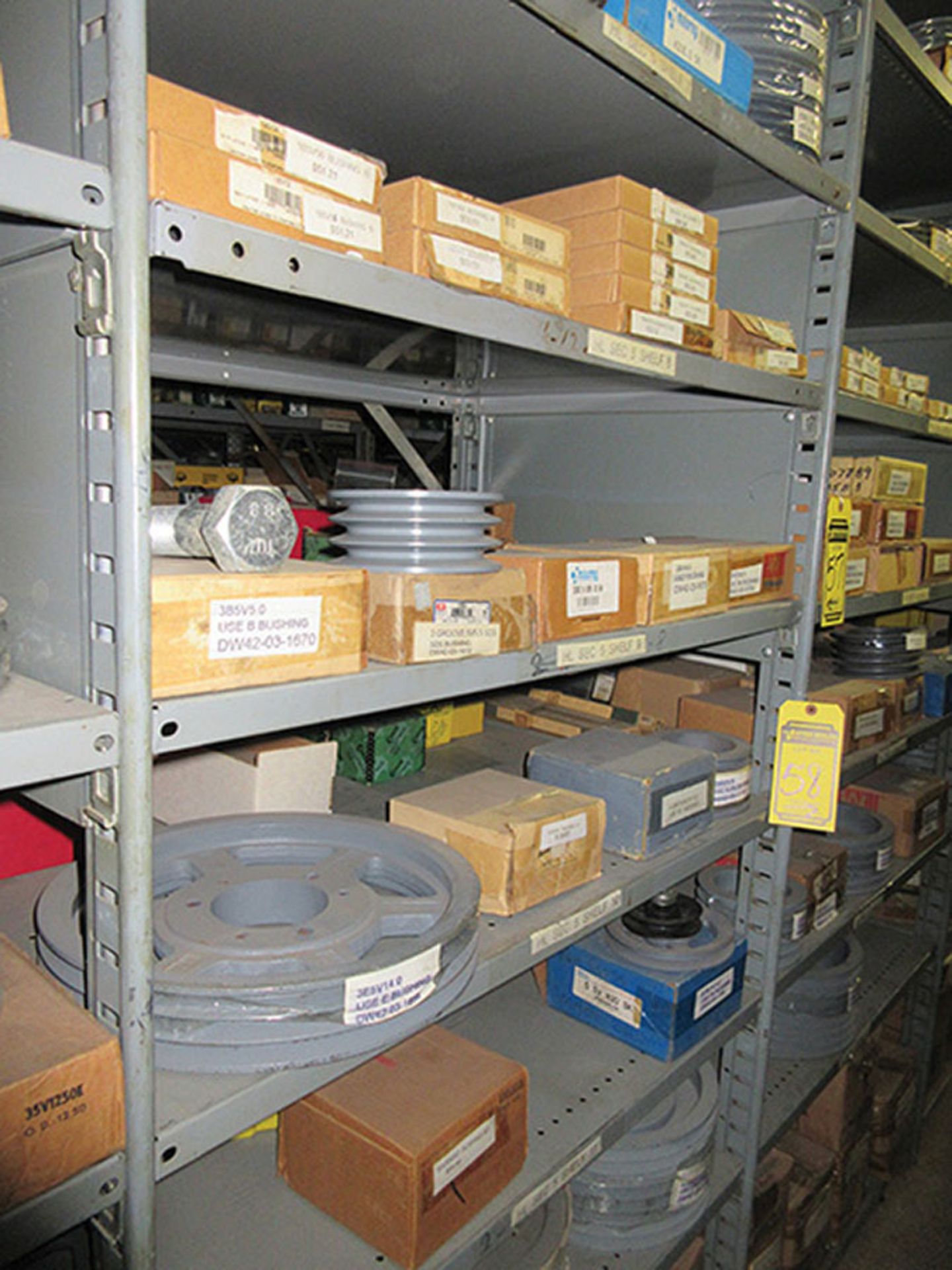 CONTENTS OF (1) SIDE, (5) SECTIONS OF SHELF UNIT: ASSORTMENT OF PULLEYS; SHEAVES; BUSHINGS; SQUARE D - Image 14 of 15