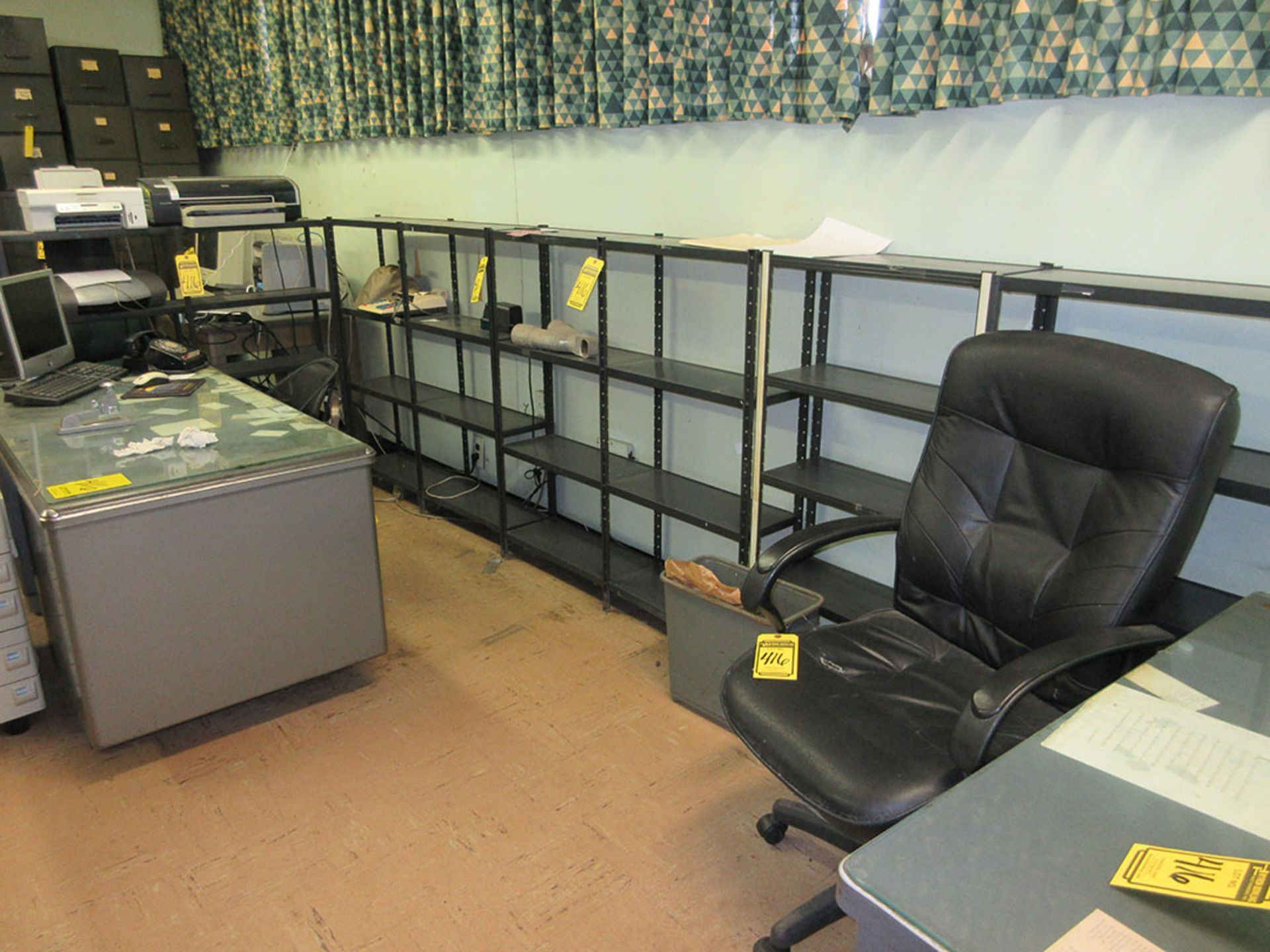 (3) DESKS, SHELF UNITS, CHAIRS, AND ANTIQUE OFFICE MACHINES