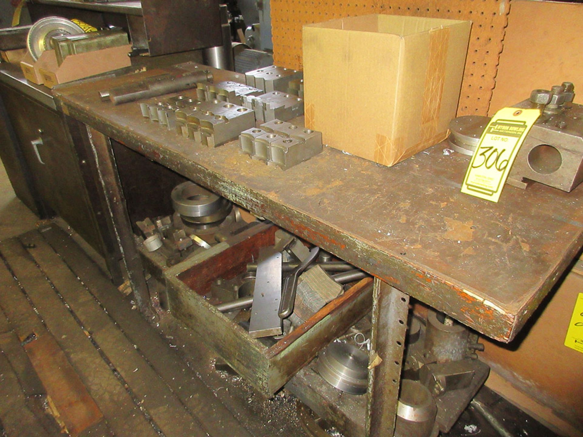 (2) WORKBENCHES & CABINET WITH CONTENTS; CHUCK JAWS