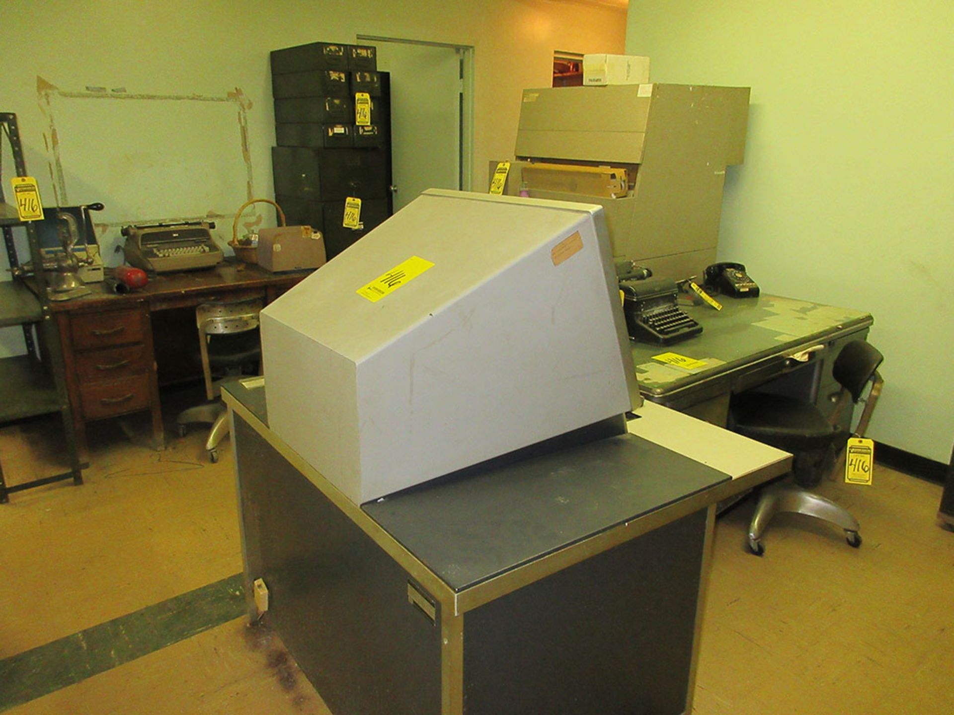 (3) DESKS, SHELF UNITS, CHAIRS, AND ANTIQUE OFFICE MACHINES - Image 2 of 3