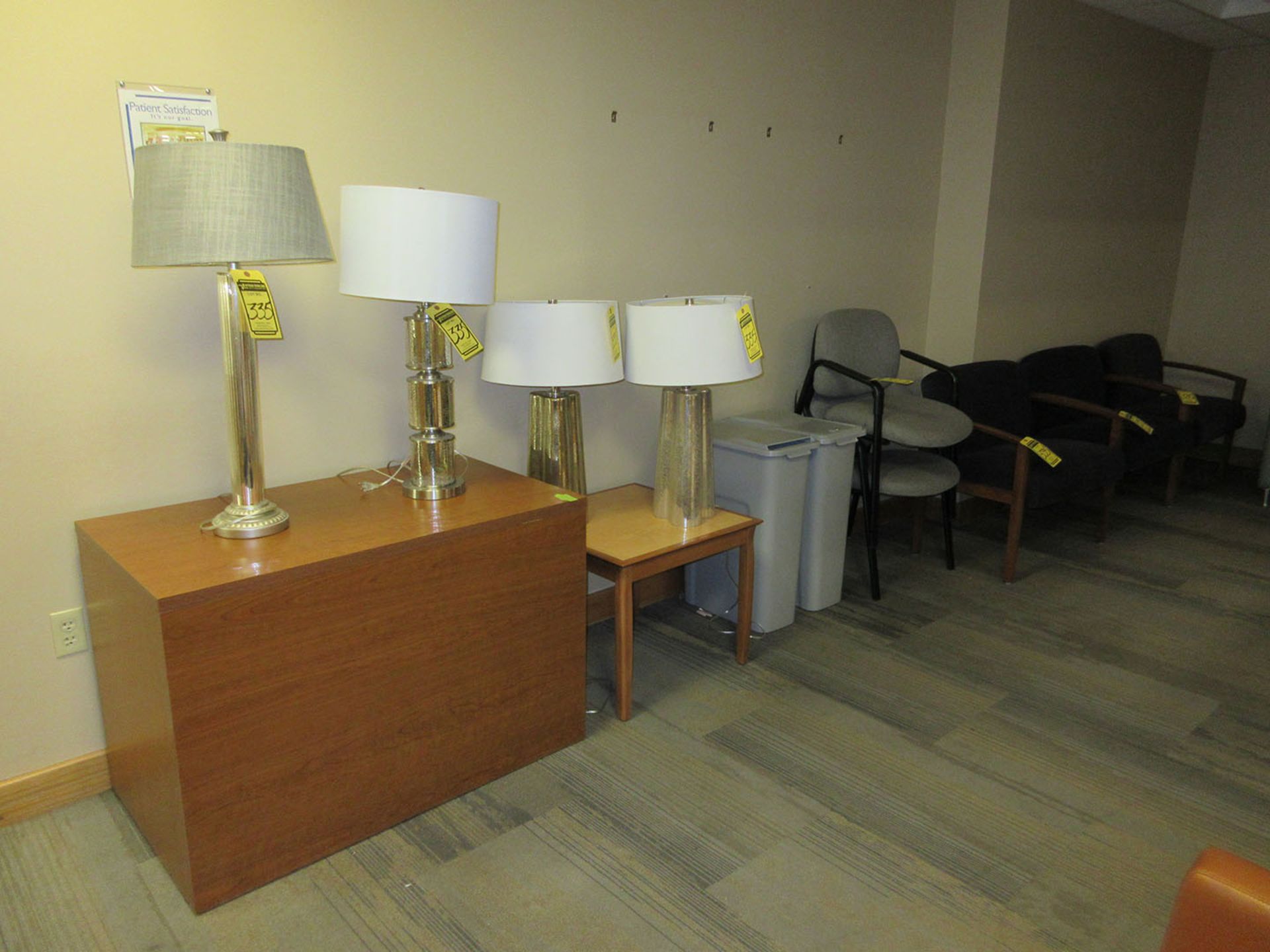 PATIENT CHAIR, (2) ROLLING CHAIRS, (2) STACKABLE CHAIRS, (3) LOBBY BENCHES, (2) TABLES, (4) LAMPS,