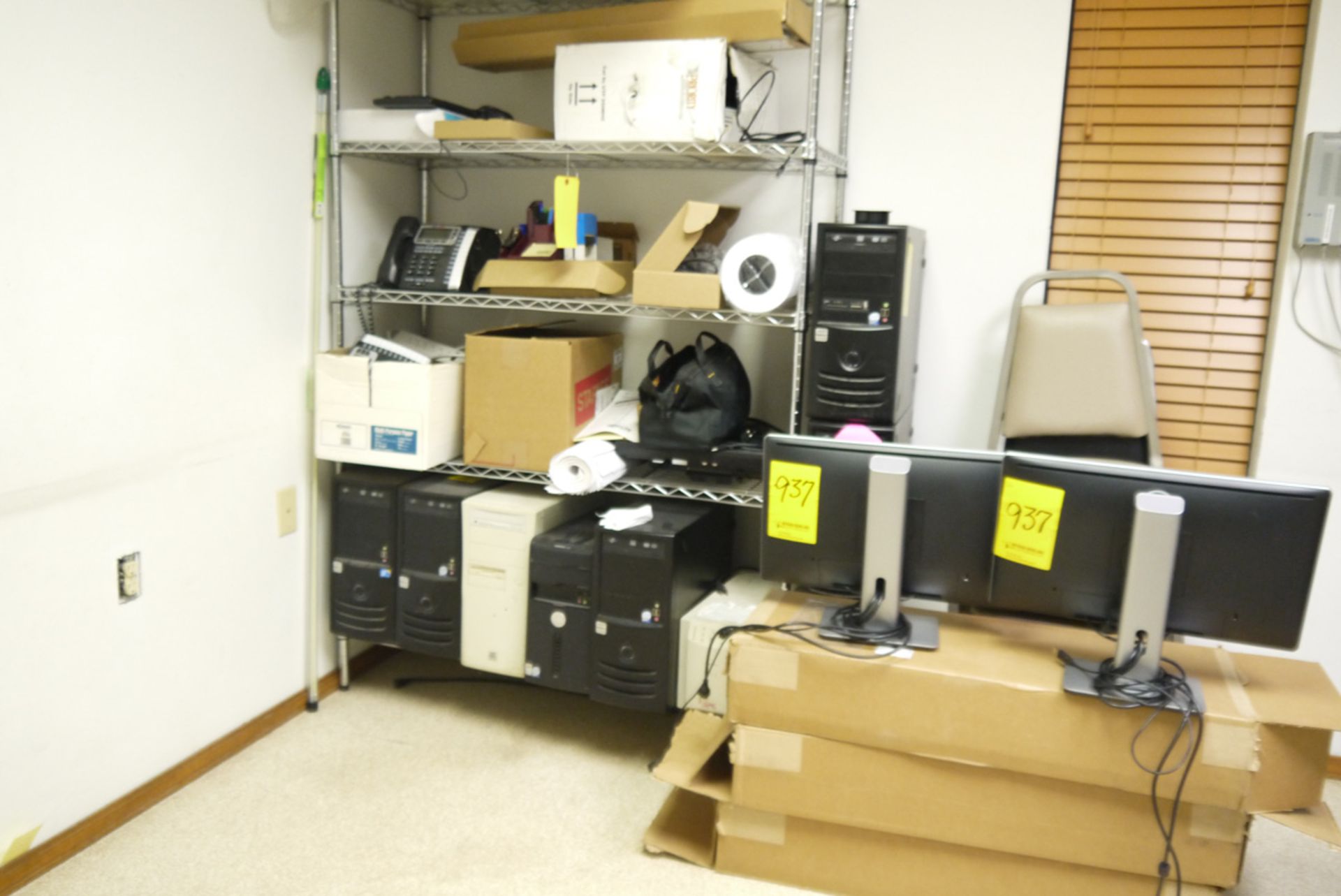 METRO SHELF UNIT, HARD DRIVES, PC MONITORS, TELEPHONES, AND CHAIRS - Image 2 of 2