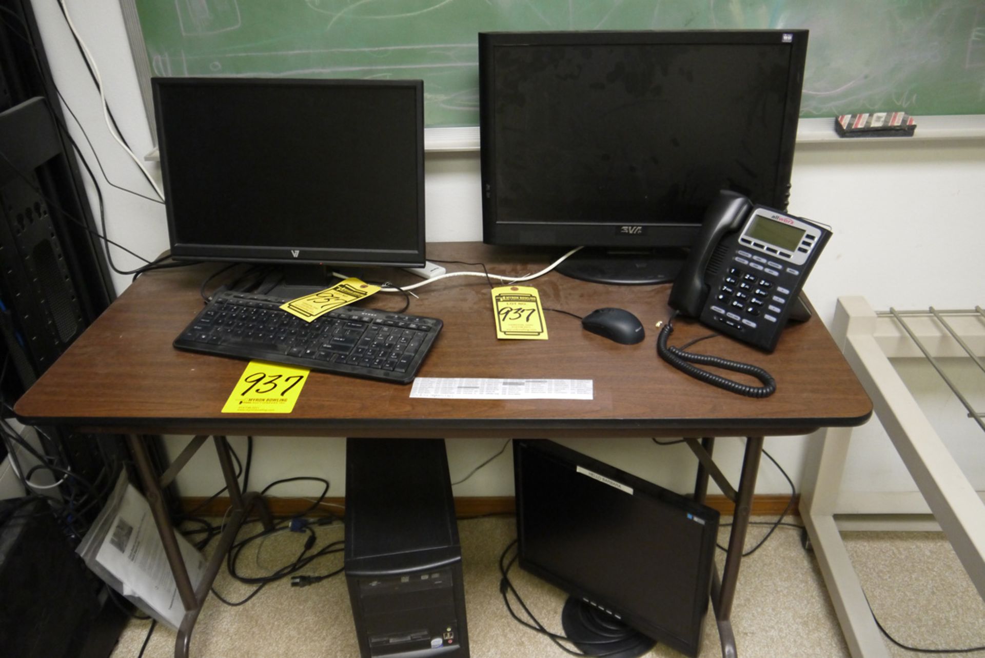 METRO SHELF UNIT, HARD DRIVES, PC MONITORS, TELEPHONES, AND CHAIRS