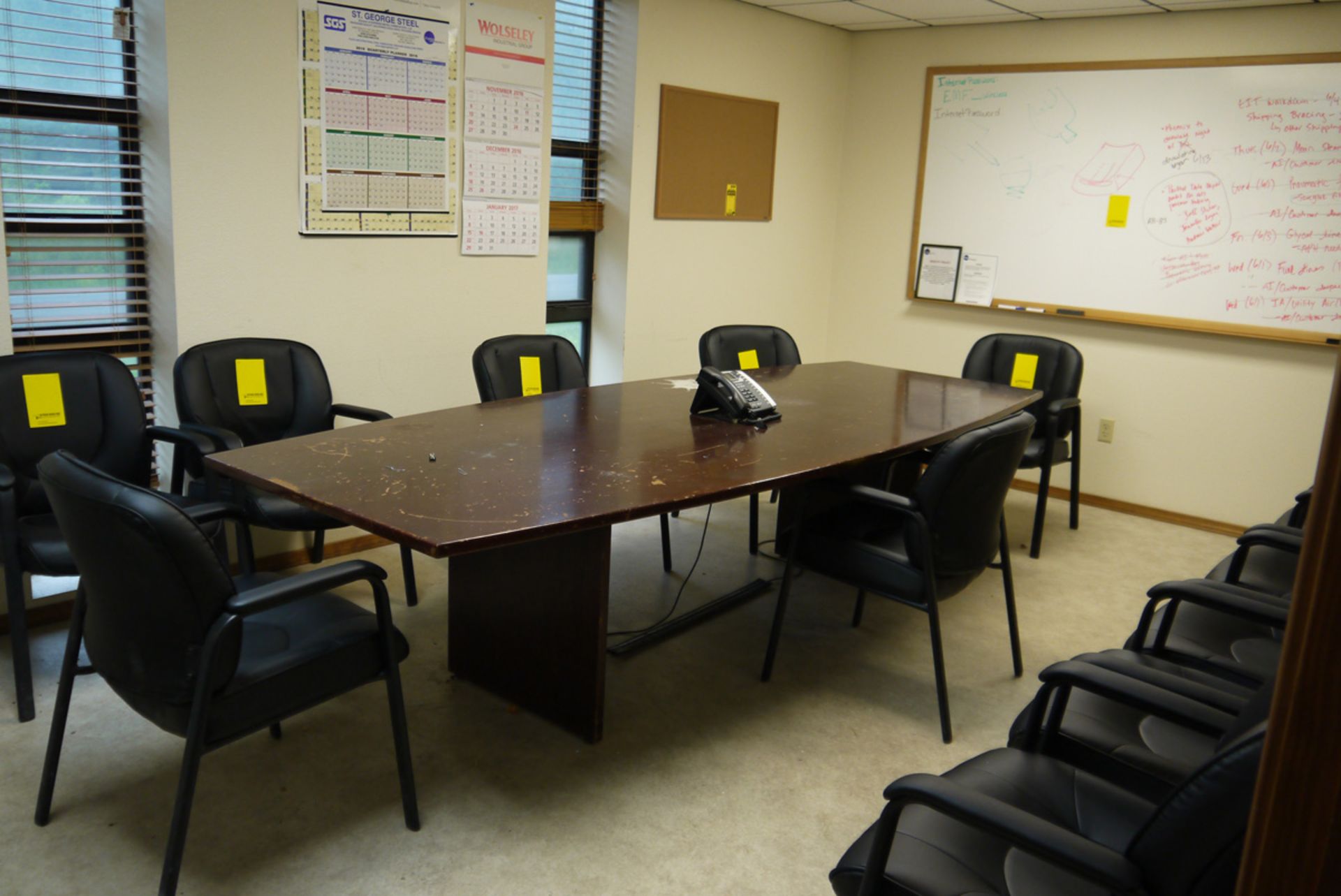 CONFERENCE ROOM TABLE WITH (15) CHAIRS, SUNCAST STORAGE CABINET, AND BUNN COFFEE POT WARMER