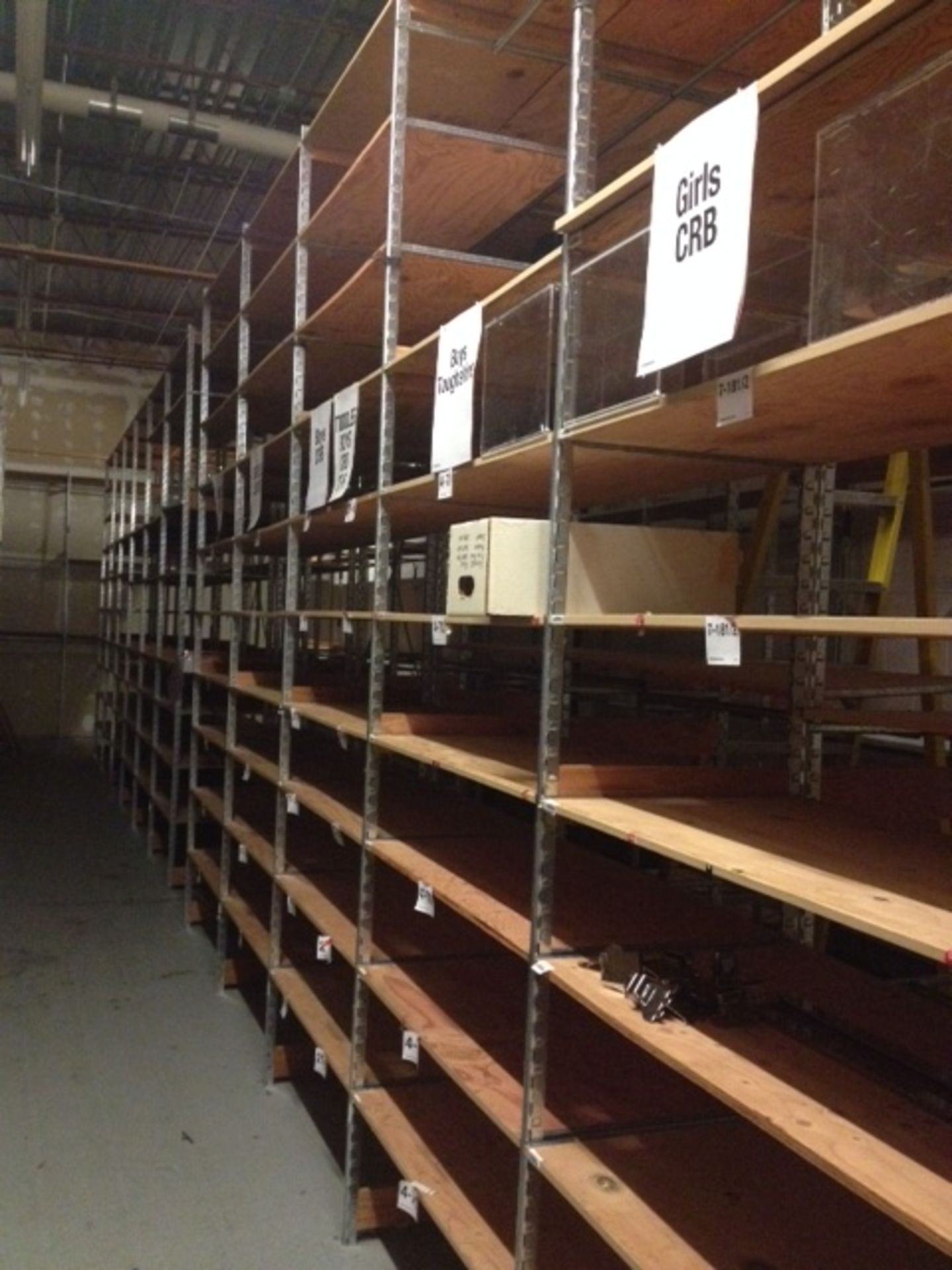 SHELVING: 16 SECTIONS - 48''W X 12''D X 144''H: INCLUDES (120)SHELVES (1 PALLET): (17)UPRIGHTS (