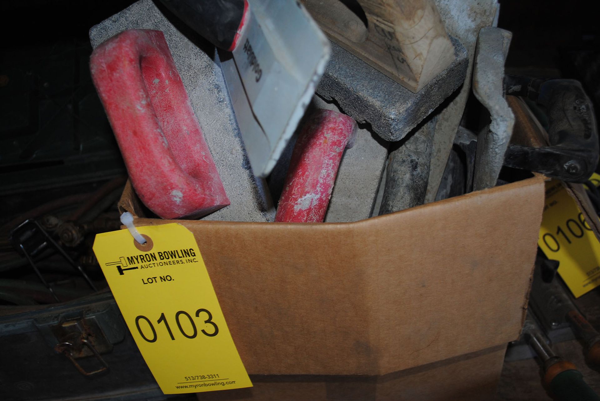 BOX OF CONCRETE FINISHING TOOLS