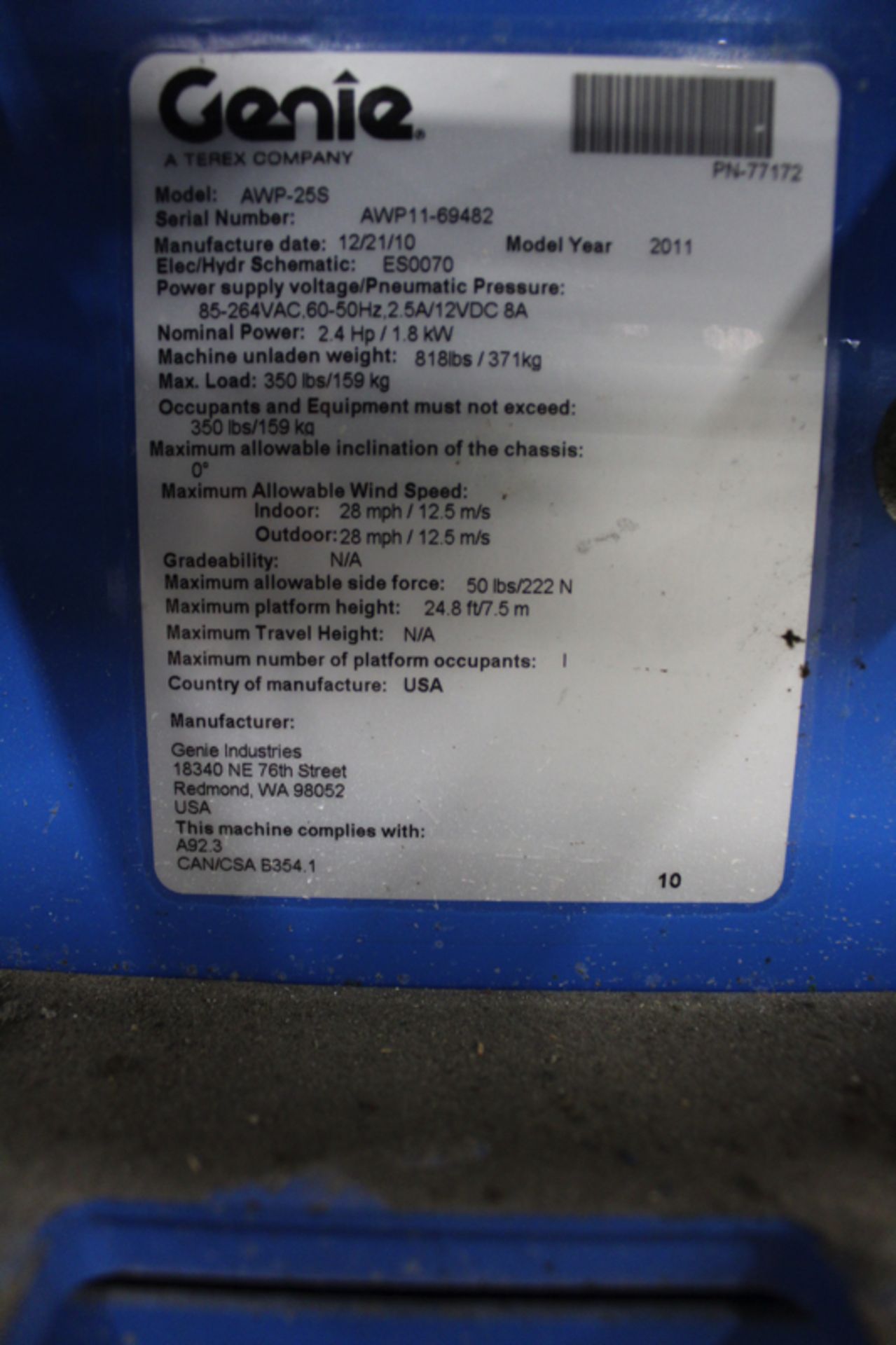 Genie Electric Manlift, M# AWP-25S, S/N AWP11-69482 (Location: Sonoco Warehouse) - Image 2 of 2