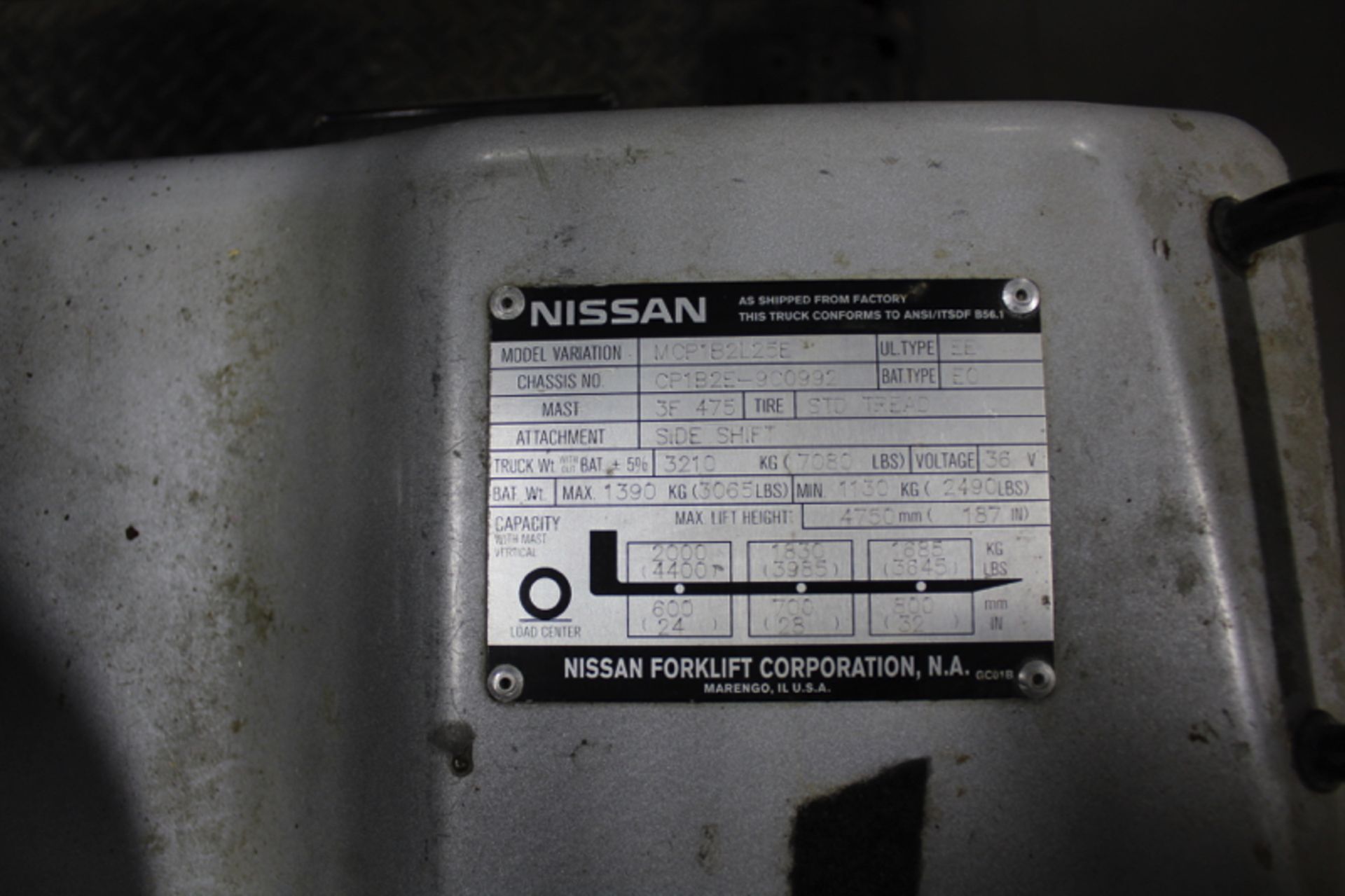 Nissan Electric Forklift, 4000 lb. Capacity, Type EE, Side Shift, M# MCP1B2L25E, S/N CP1B2E- - Image 2 of 2