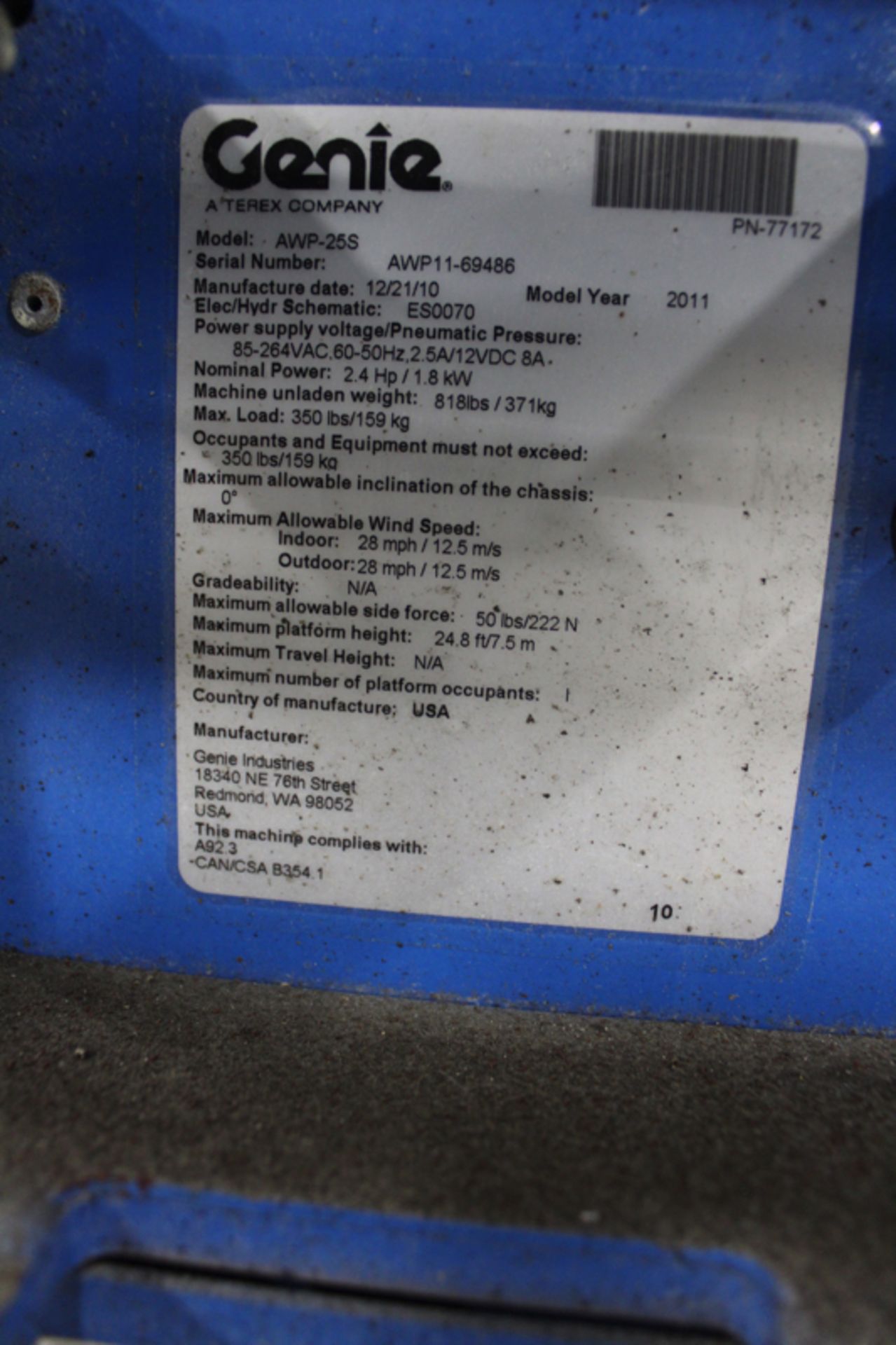 Genie Electric Manlift, M# AWP-25S, S/N AWP11-69486 (Location: Sonoco Warehouse) - Image 2 of 2