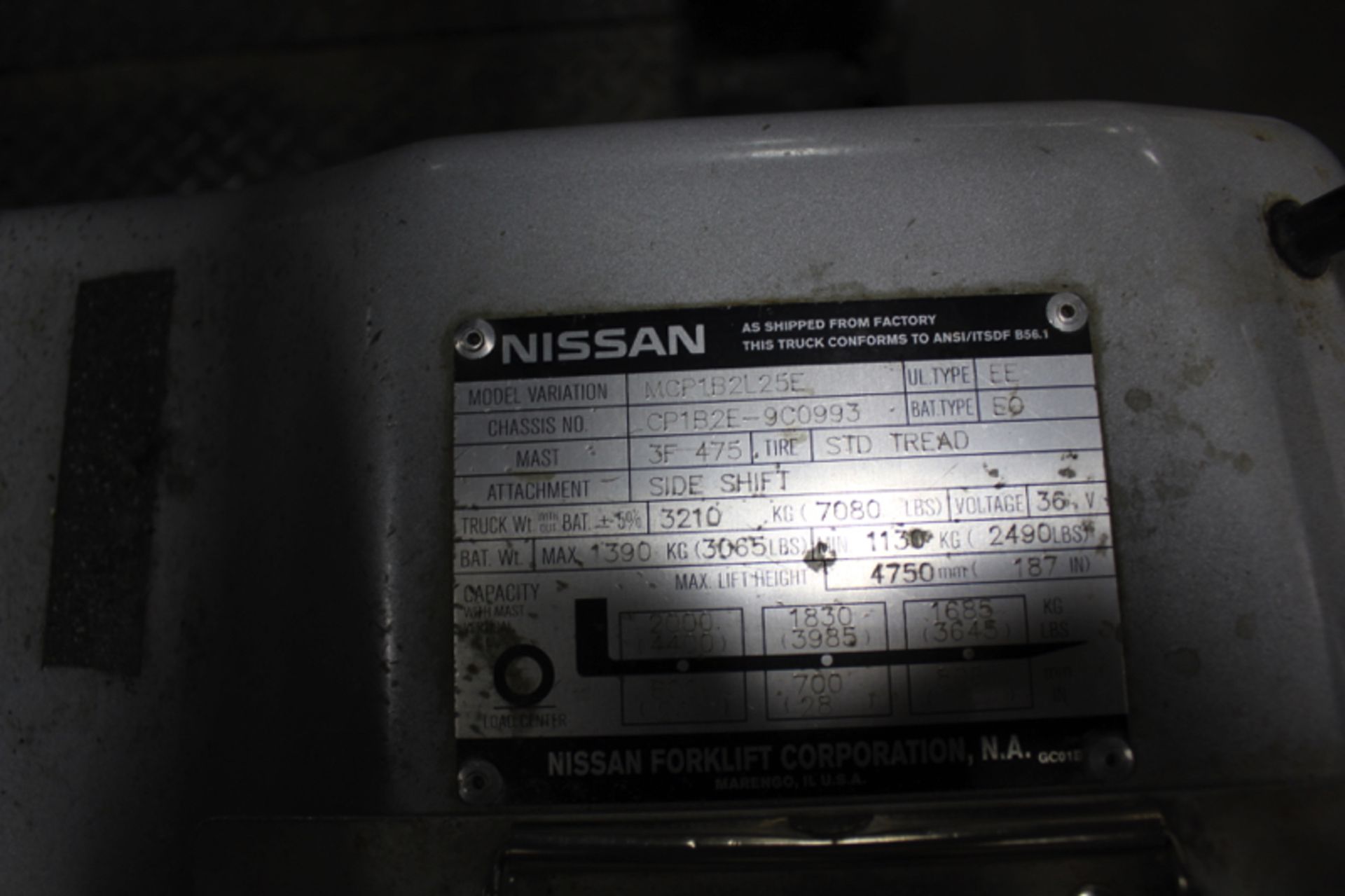 Nissan Electric Forklift, 4000 lb. Capacity, Type EE, Side Shift, M# MCP1B2L25E, S/N CP1B2E- - Image 2 of 2