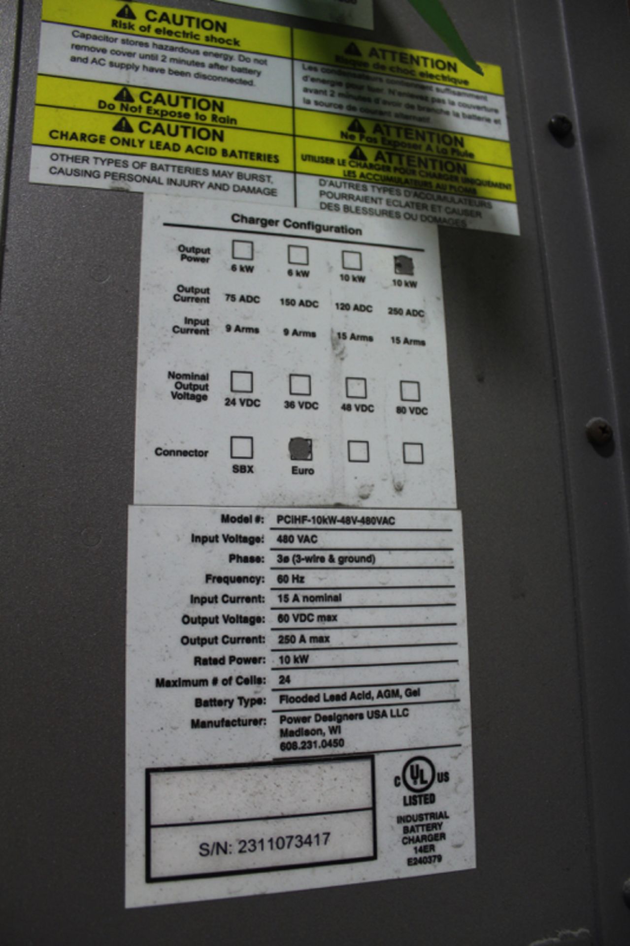 Power Designers USA Multi Volt Battery Charger, PCIHF-10kW-48V-480VAC, S/N 2311073417 | Location: - Image 2 of 2