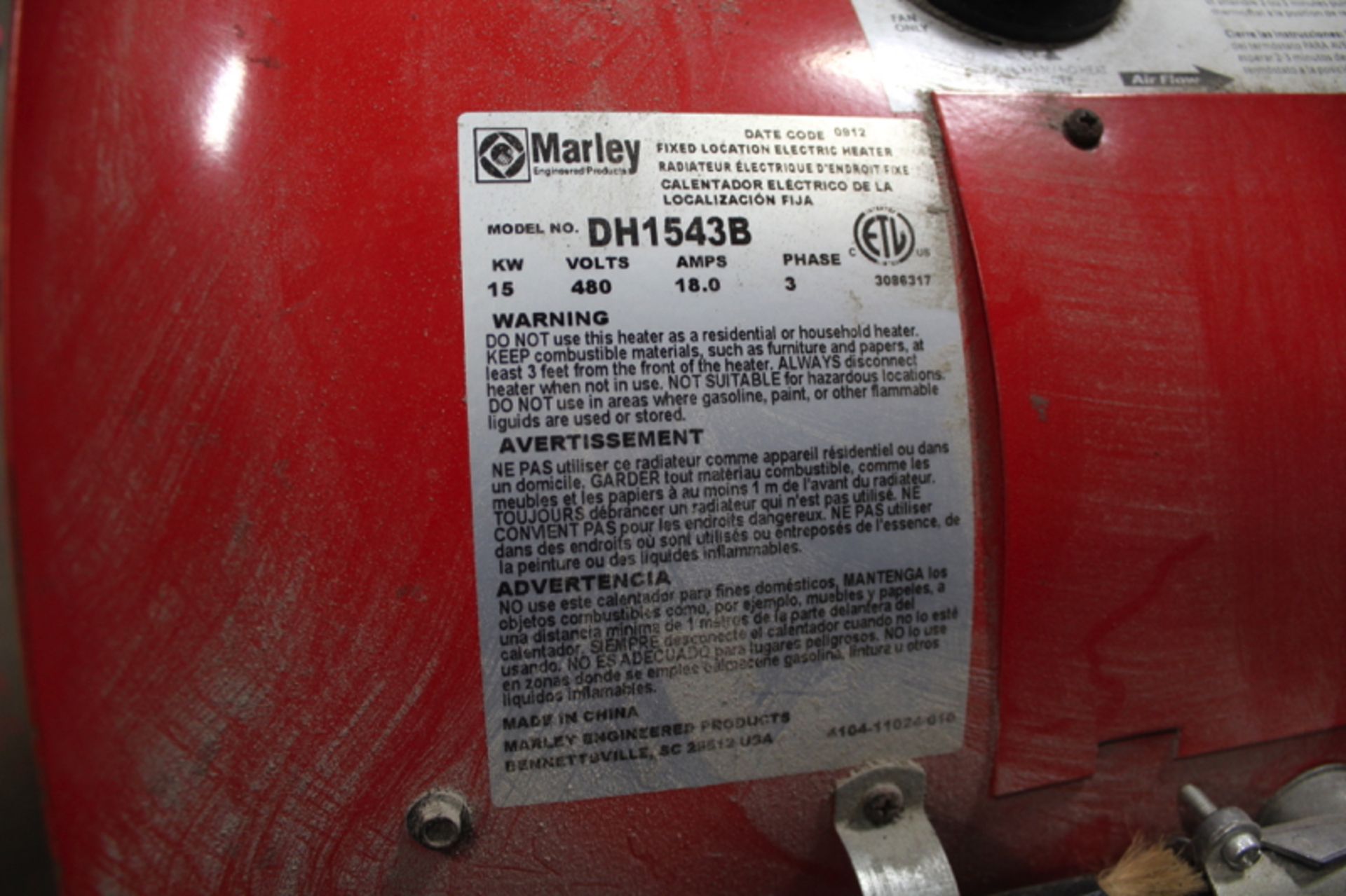 Marley Portable Heater, M# DH1543B | Location: Compressor Room | Rigging Price: Buyer May Hand Carry - Image 2 of 2