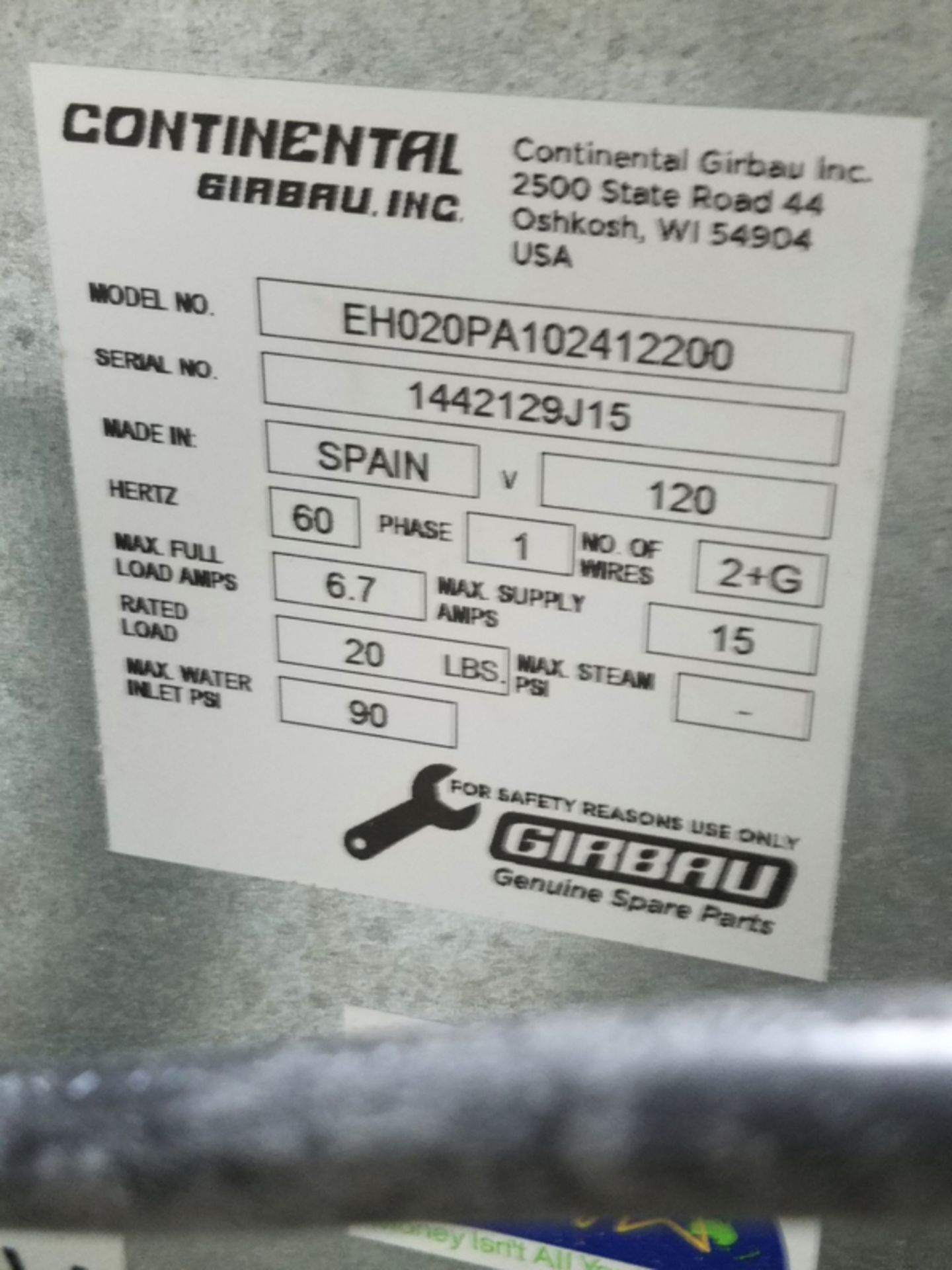 Continental Girbau Inc. Front Load Washer, M# EH020PA102412200, S/N 1442129J15 | Location: Mixing/ - Image 2 of 2