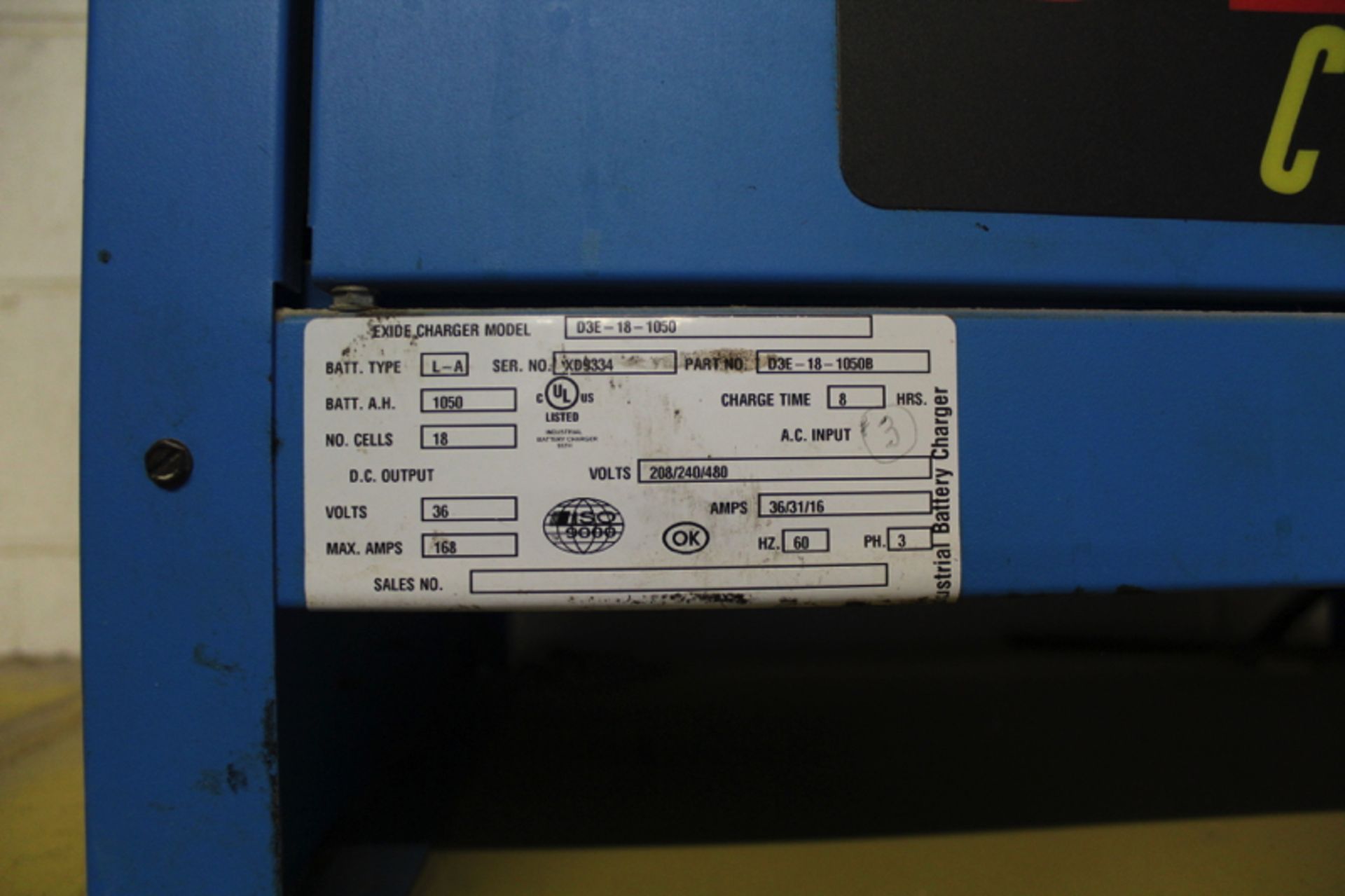 Exide 36 Volt Battery Charger, M# D3E-18-1050, S/N XD9334 | Location: Finished Product Warehouse | - Image 2 of 2