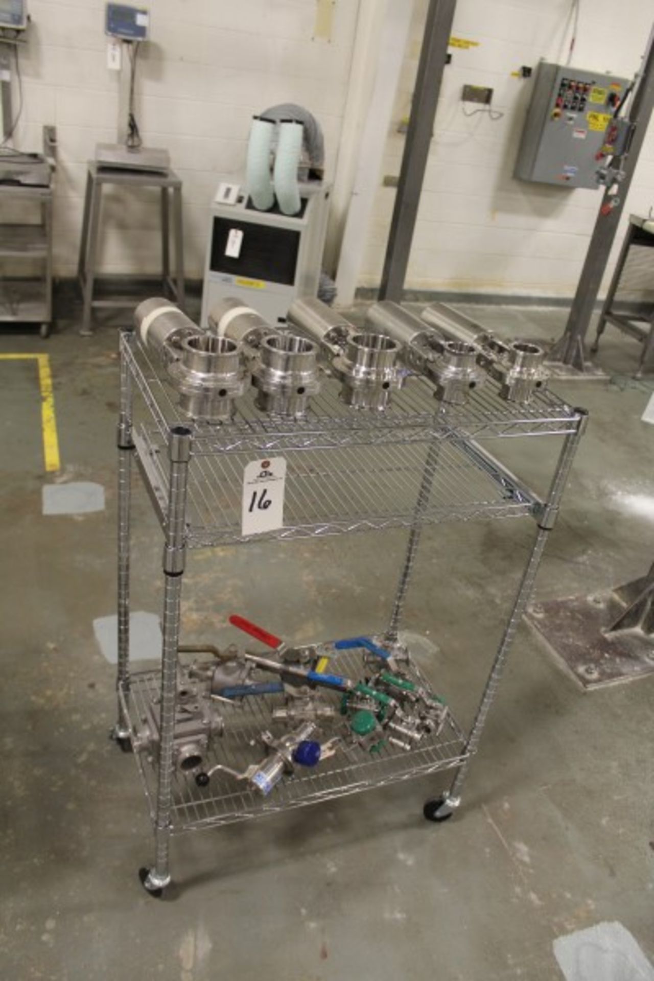 Lot of Valves, W/ Shelf | Location: Cookie Line | Rigging Price: Buyer May Hand Carry or Contact