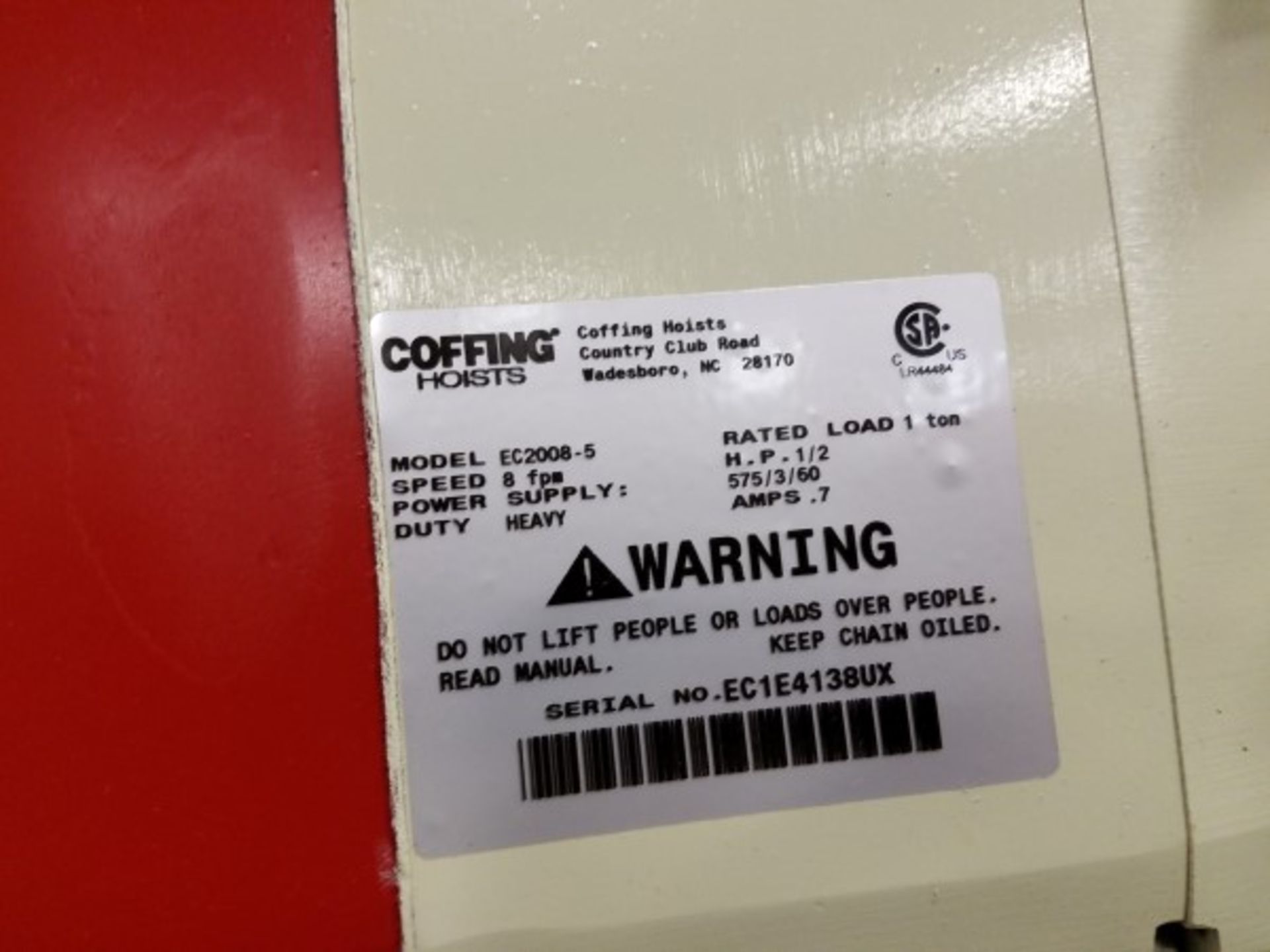 Coffing Electric Hoist, M# EC2008-5, S/N EC1E4138UX | Location: Cookie Line | Rigging Price: $150 - Image 2 of 2