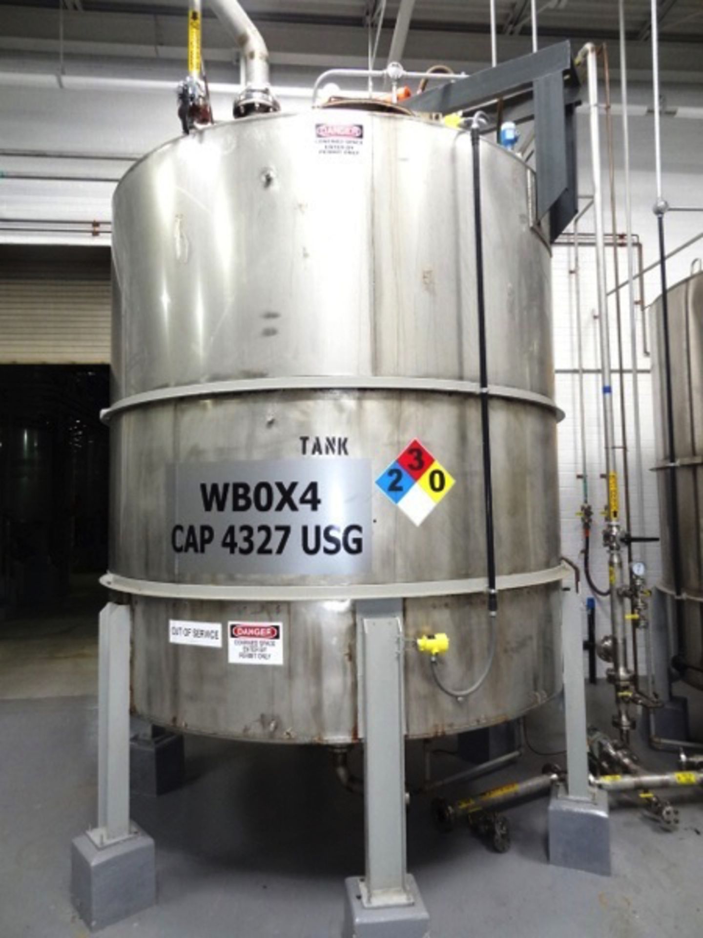 4,327 Gallon Stainless Steel Mixing Tank, 9' Dia. X 9' SW x 15' OH, Conical 3" Flanged Center...