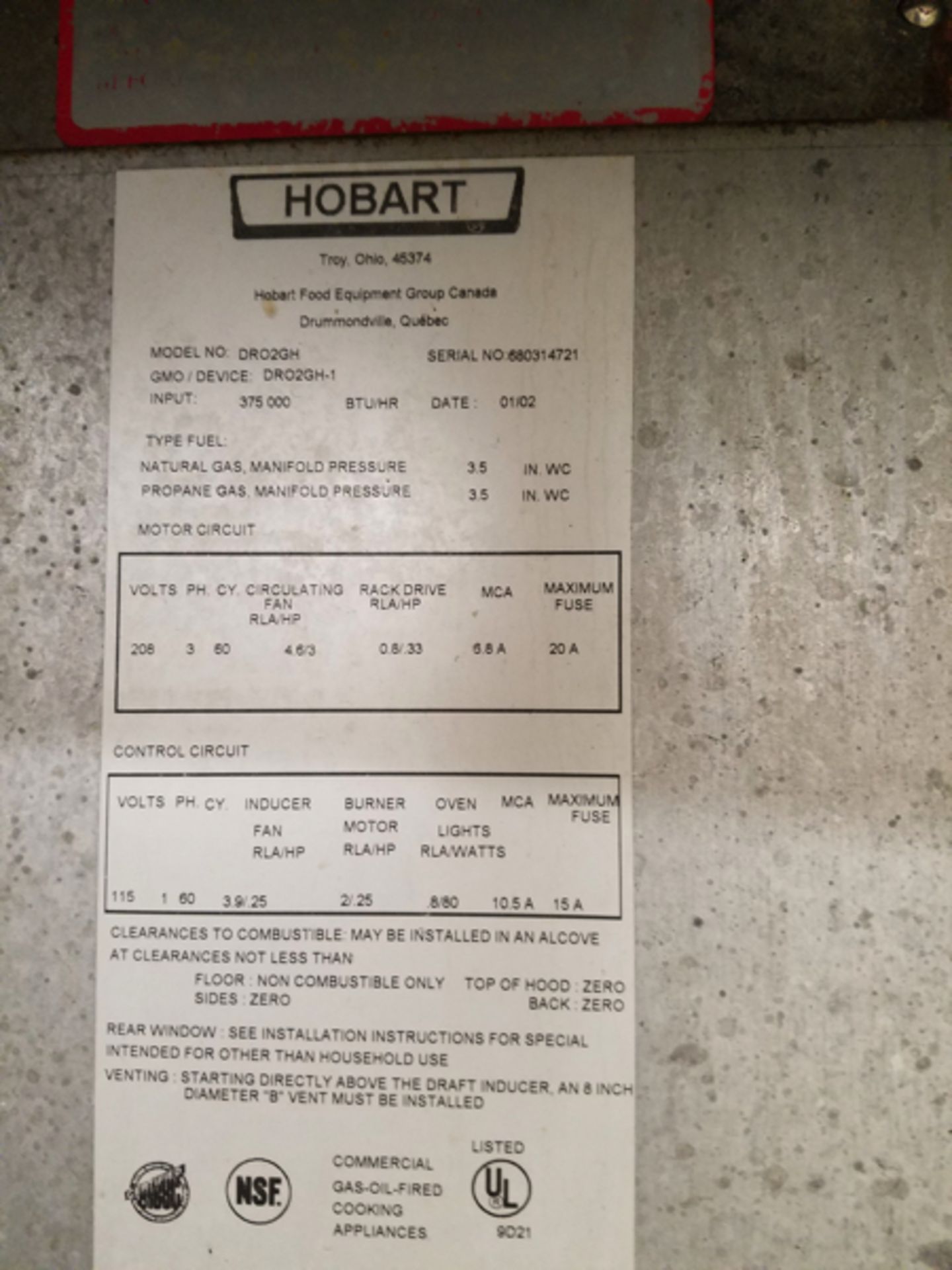 Hobart Gas Fired Single Rack Oven, M# DRO2GH, S/N 680314721 | Rigging Price: $1750 - Image 2 of 3