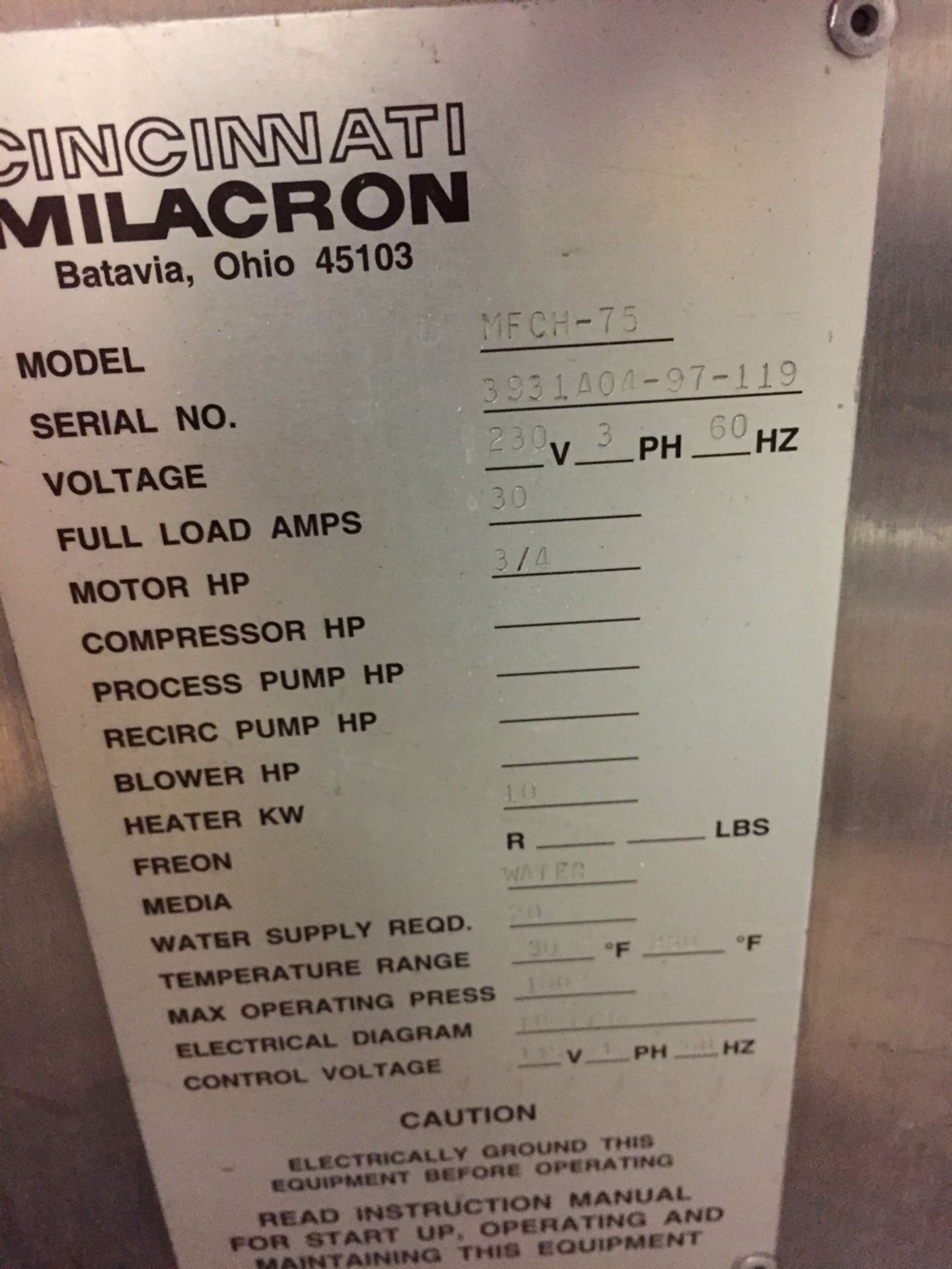 Milacron MFCH-75 Temperature Controller, S/N 3931A04-97-119 | Loaded on a Pallet by Seller at No - Image 2 of 2