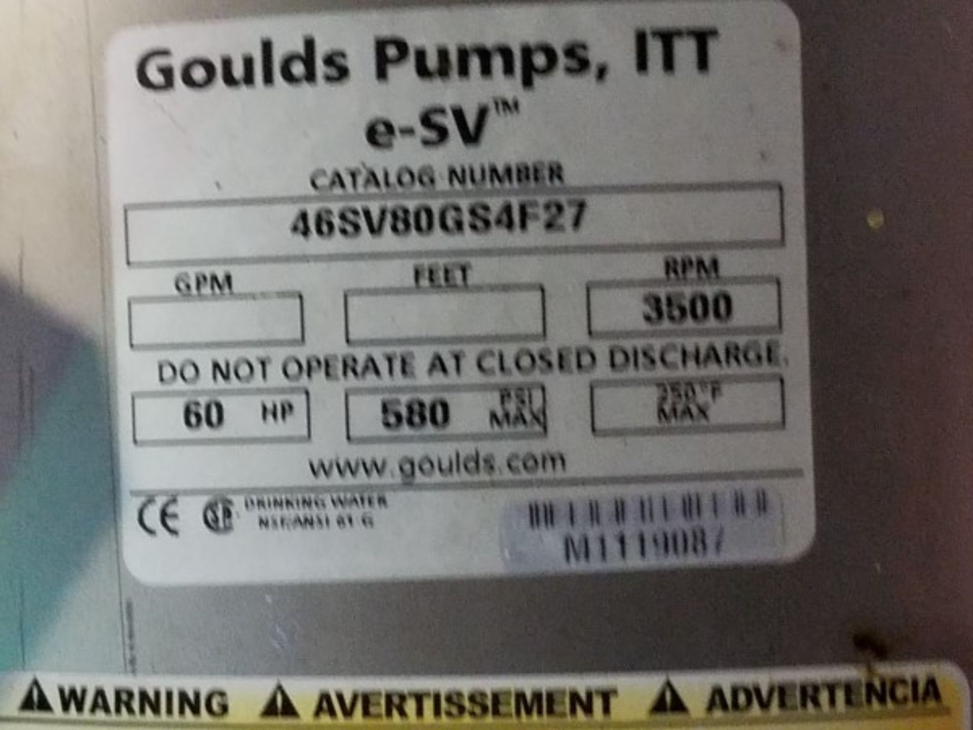 Goulds Pump, Cat# 46SV80GS4F27 | Seller to load for $10 per lot or buyers may remove hand carry - Image 2 of 3