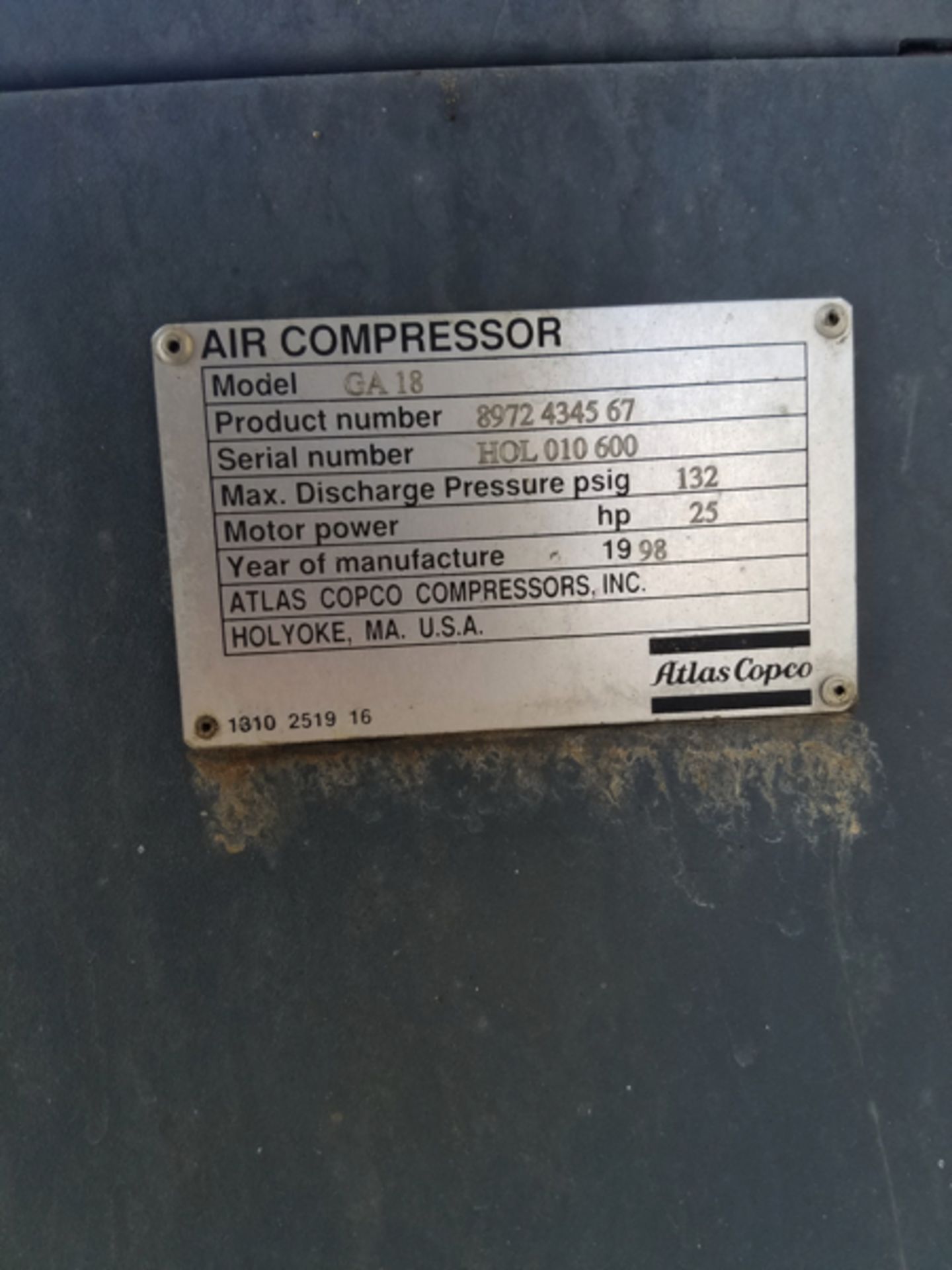 Atlas Copco 25 HP Rotary Screw Air Compressor, Air Cooled, M# GA18, S/N HOL010600 | Location: Coal/ - Image 2 of 2