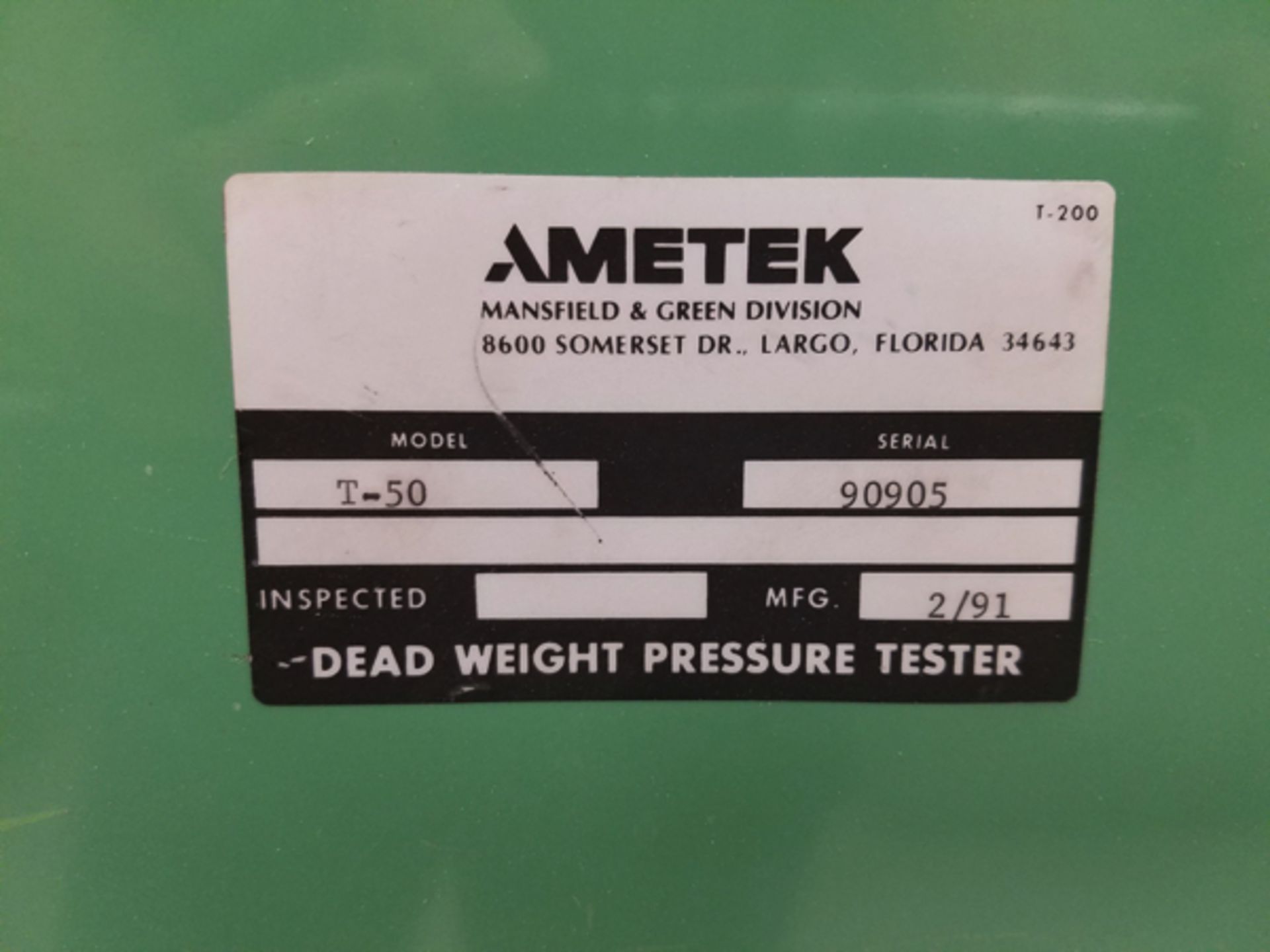 Ametek Dead Weight Presssure Tester, M# T-50, S/N 90905 | Location: Maintenance Building - Image 2 of 2