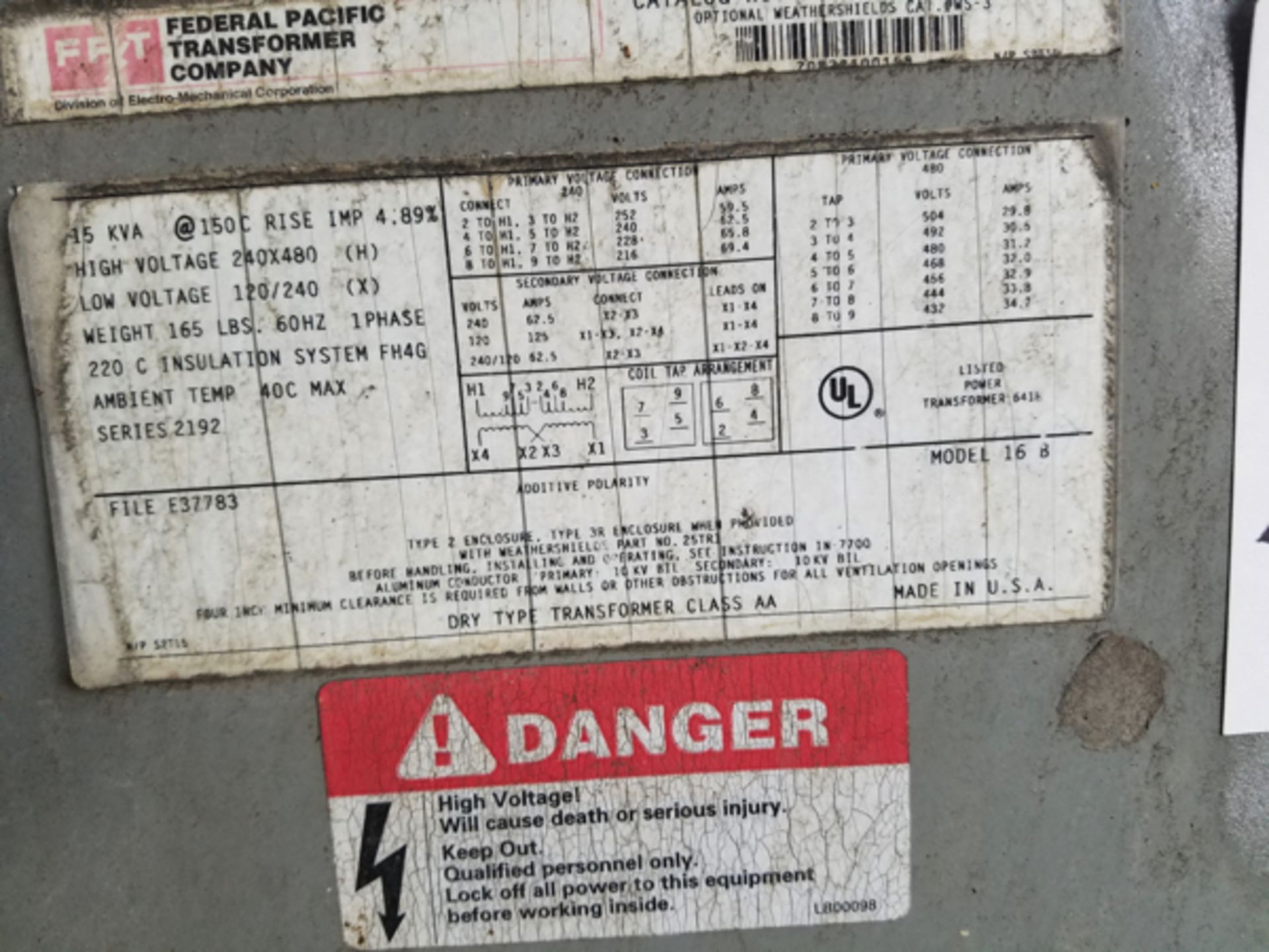 Federal Pacific 15 KVA Dry Transformer | Location: Boiler/Baghouse Area - Image 2 of 2