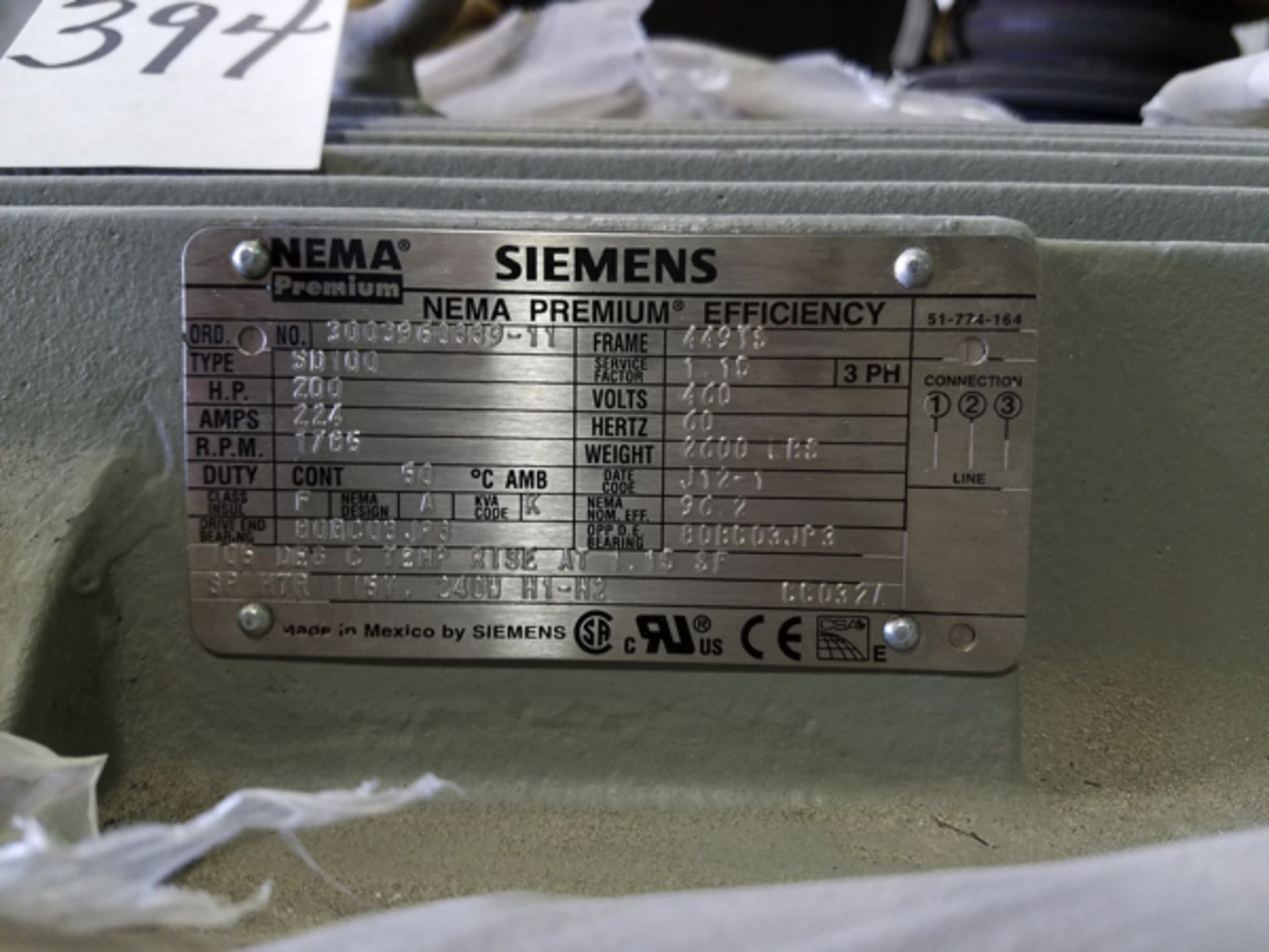 Siemens 200 HP Electric Motor | Location: Maintenance Shop - Image 2 of 2