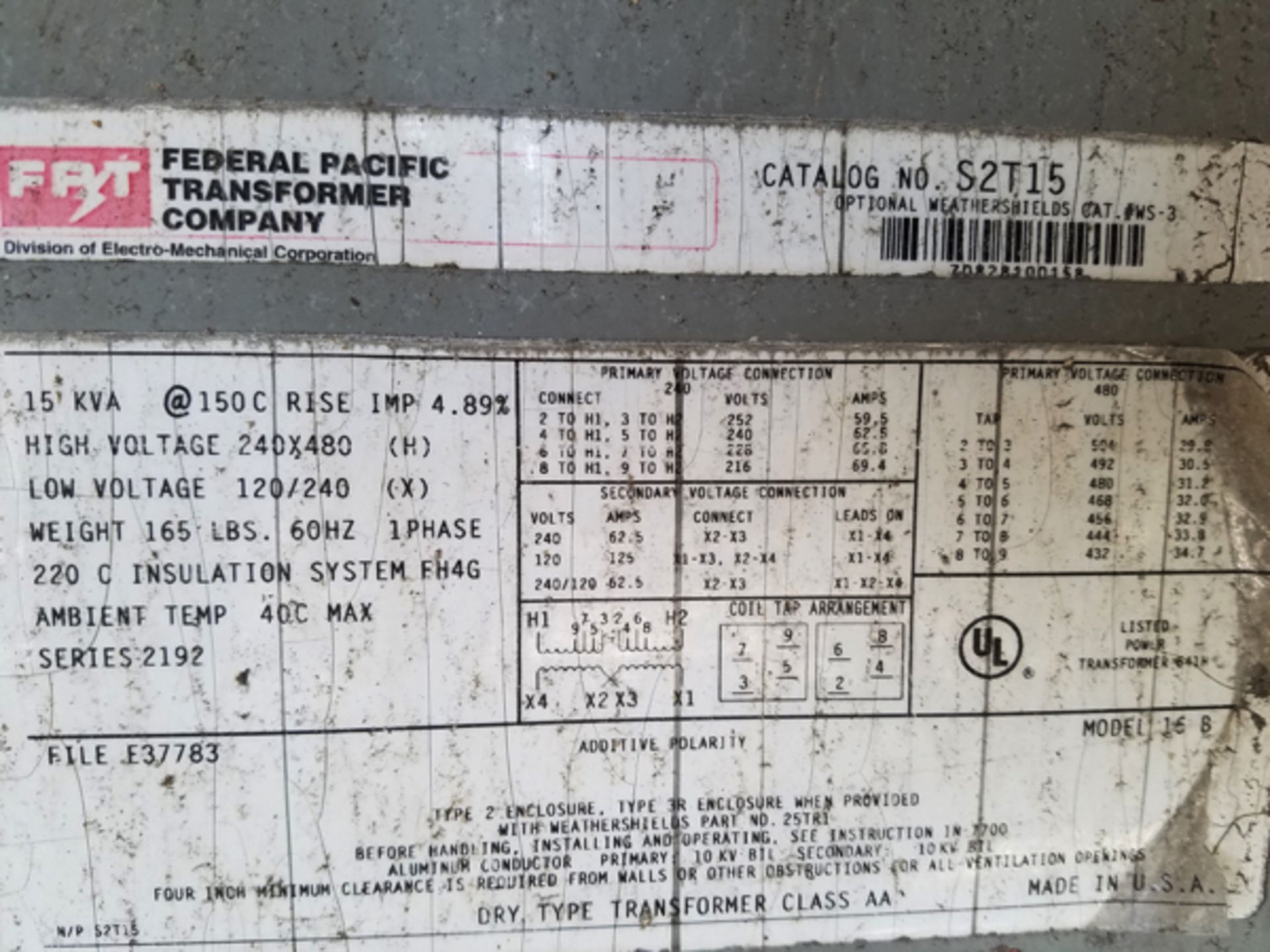 Federal Pacific 15 KVA Dry Transformer | Location: Boiler/Baghouse Area - Image 2 of 2