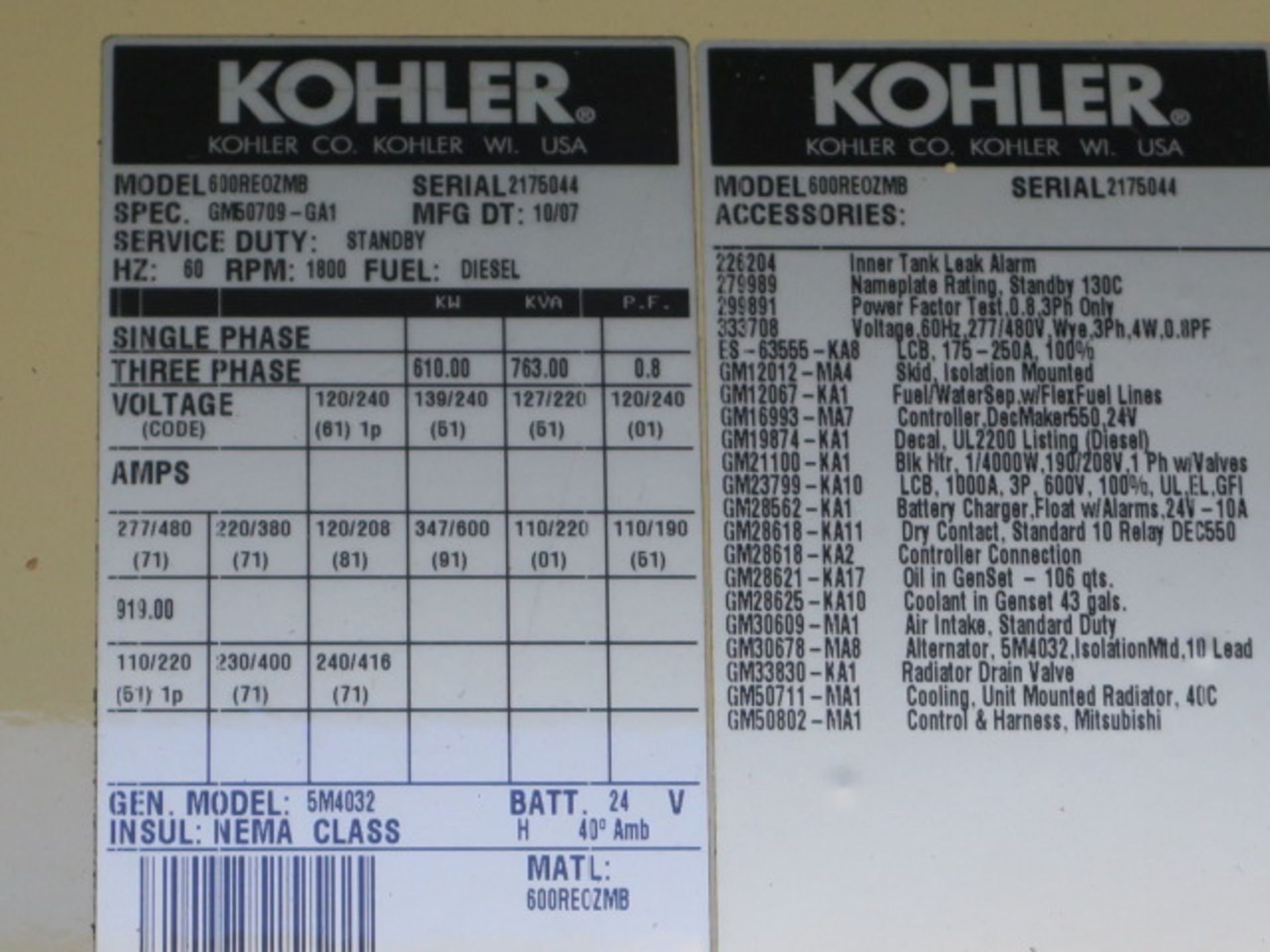 2007 Kohler Power Systems mdl. 600REOZMB 600kW Diesel Powered Backup Generator s/n 61628 w/ - Image 10 of 14