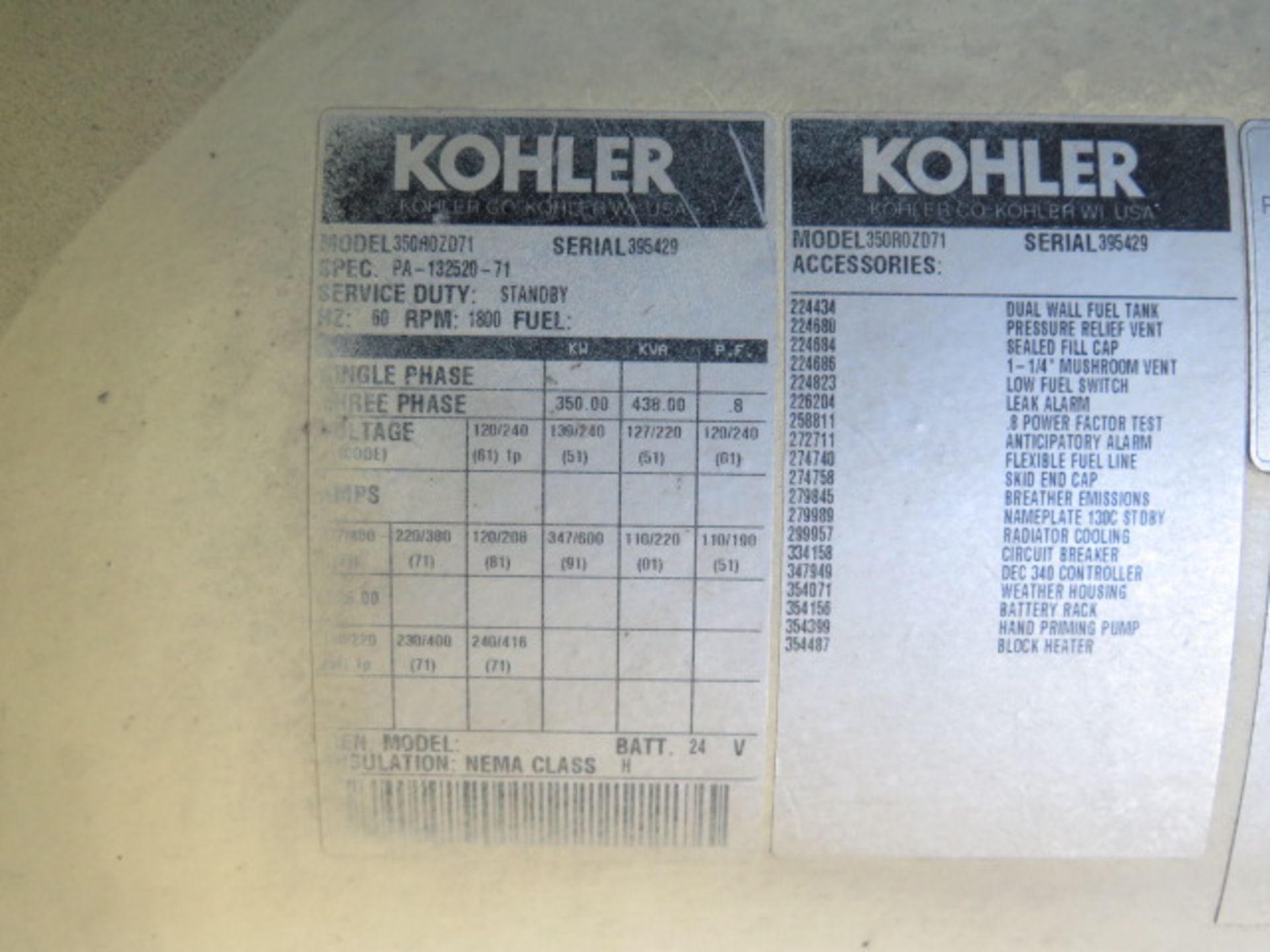 Kohler Power Systems mdl. 350ROZD71 350kW Diesel Powered Backup Generator s/n 395429 w/ Detroit - Image 10 of 12