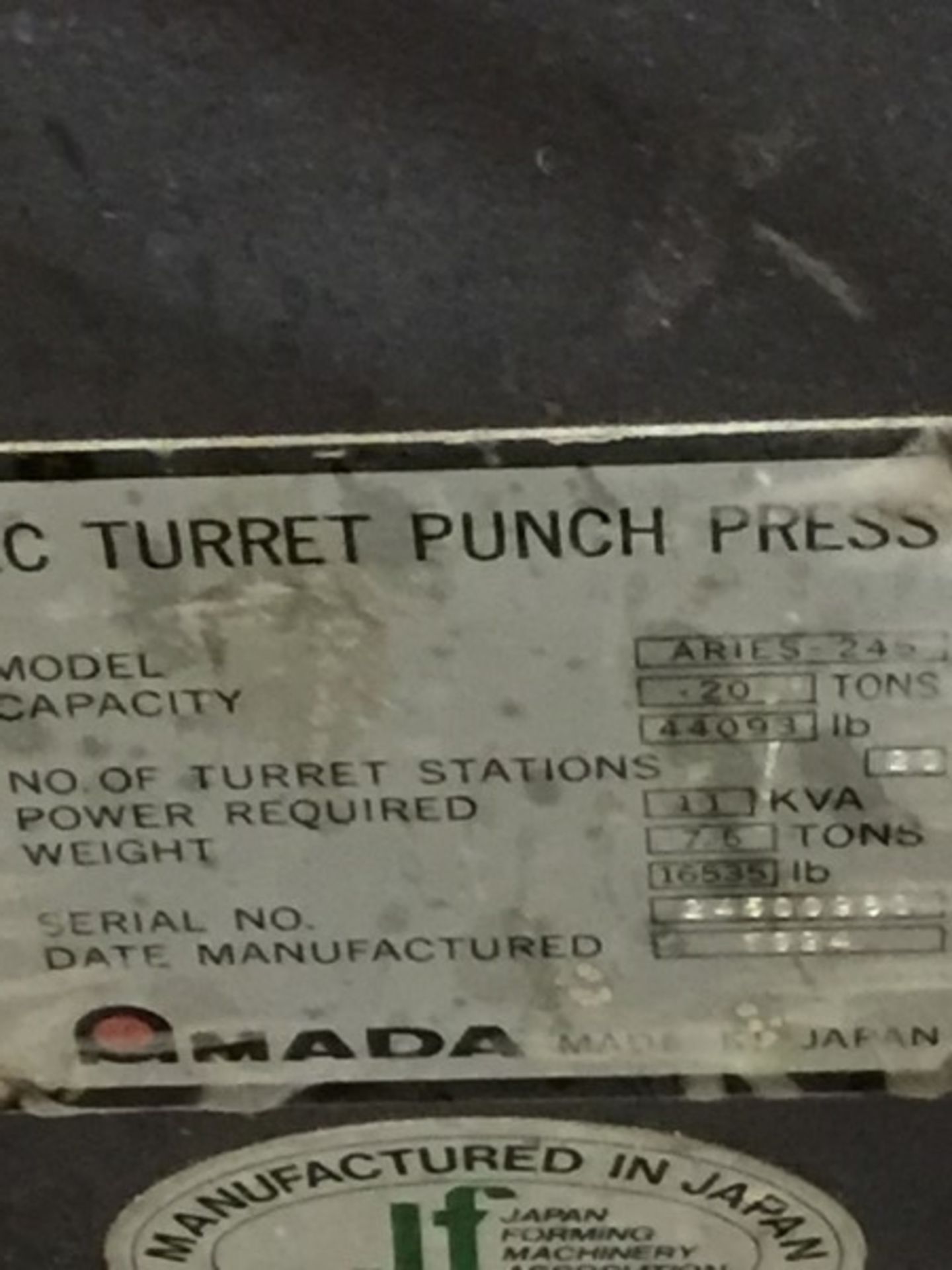 1994 Amada Aries 245, S/N: 24500980 - Image 6 of 7