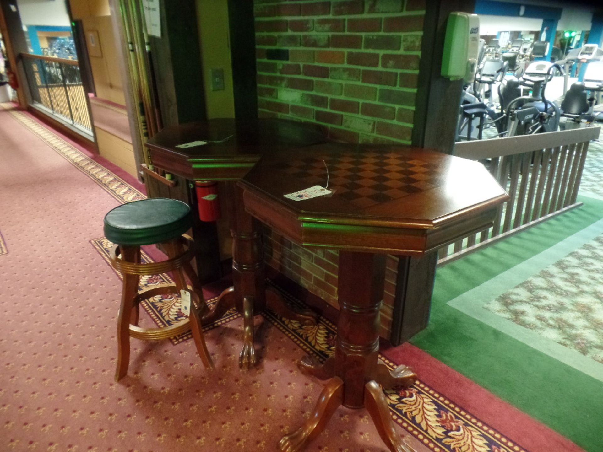 {LOT} 2 High Top Wood Gaming Tables w/ 1 Uph. Swivel Top Wood Stool