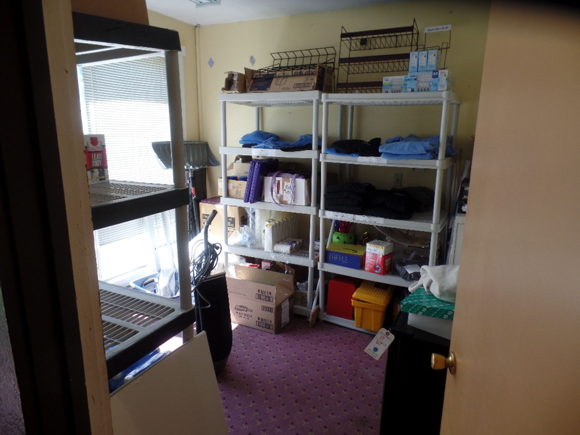 {LOT} In Room c/o Supplies, UC Refrig, Vac, Shelving Etc.