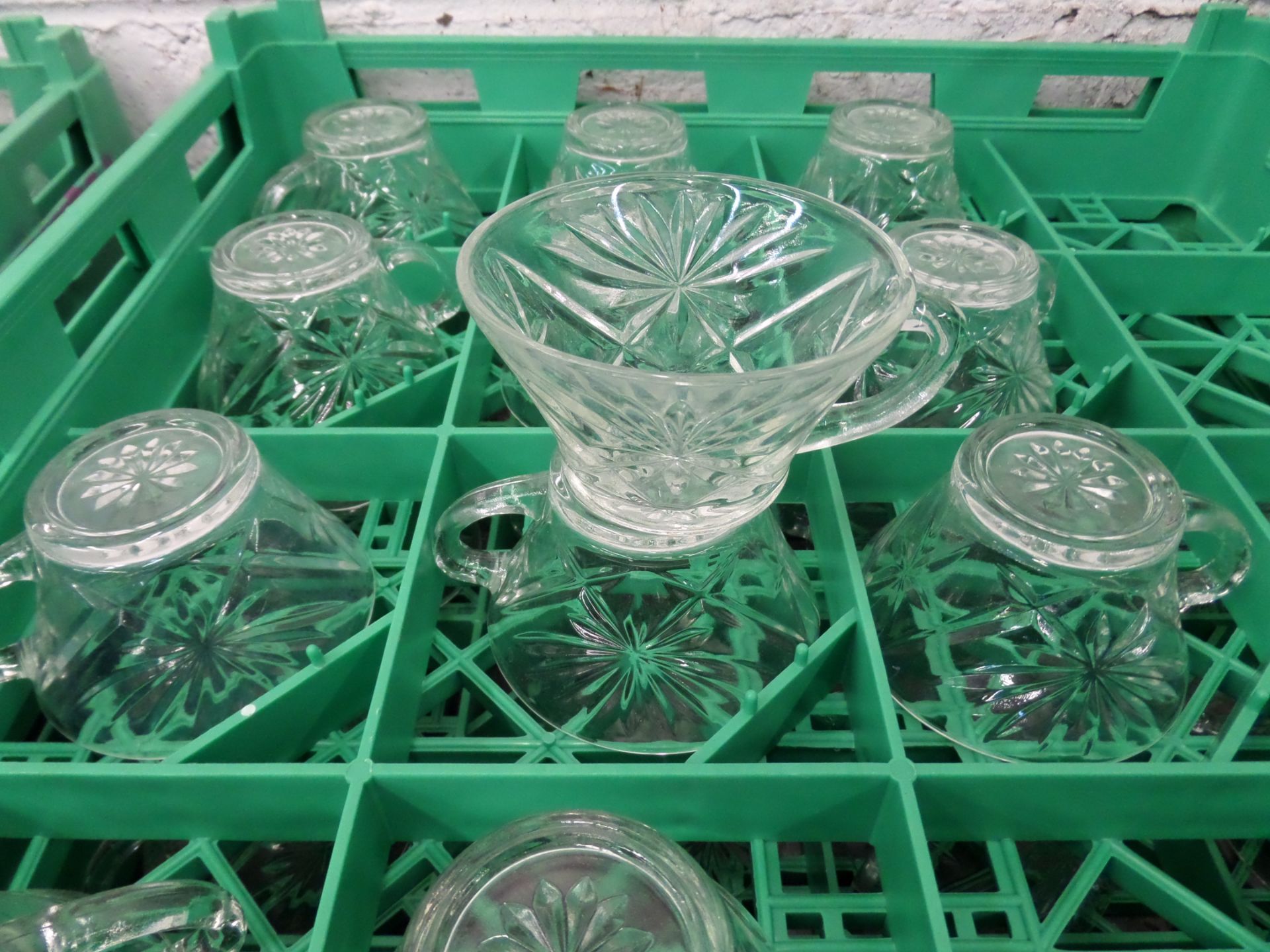 (30) Glass Punch Cups in 2 Plastic Glass Racks
