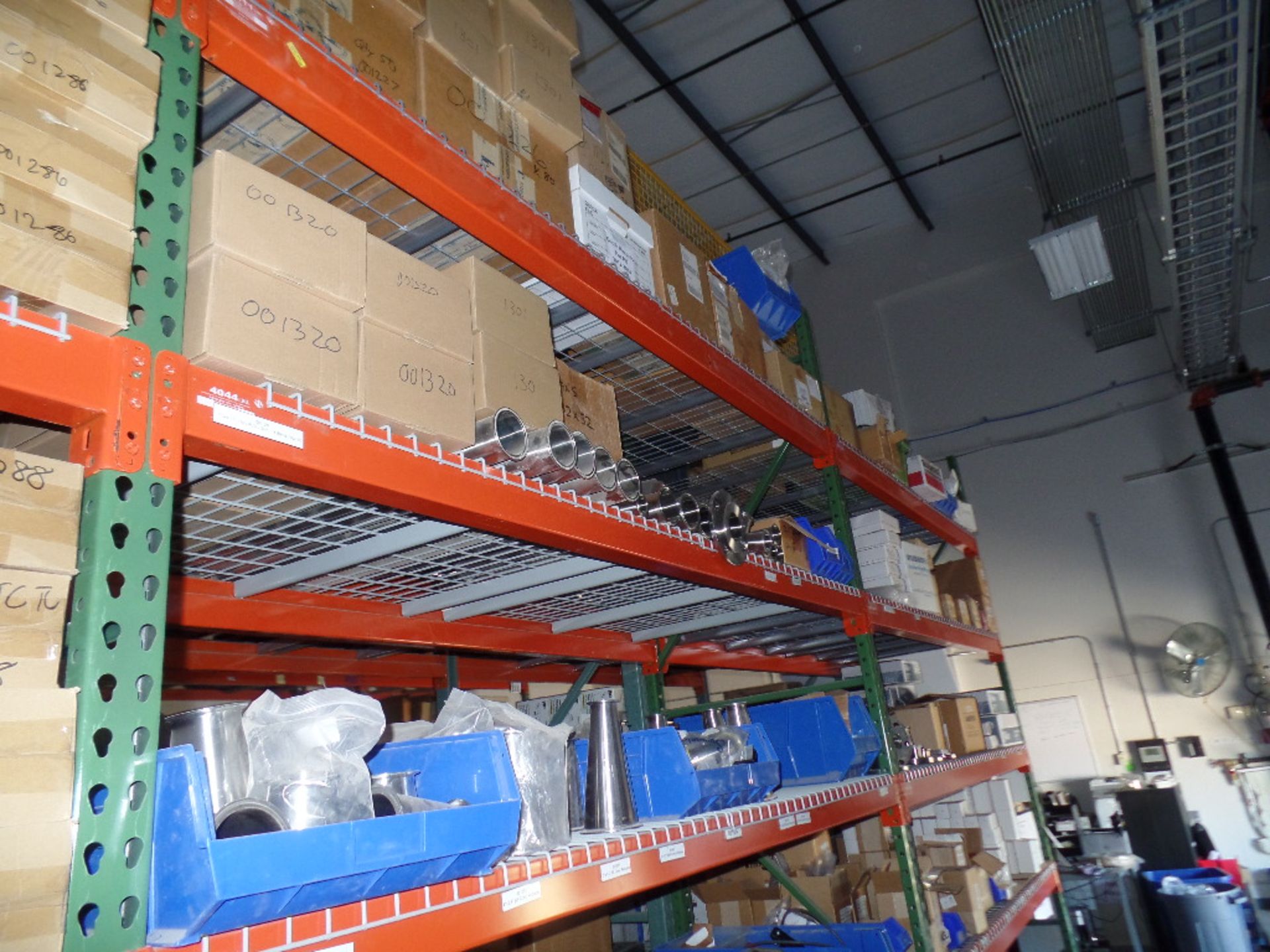 {LOT} Asst. Stainless Fittings, Pipes, Clamps, Caps, Flanges, Etc. on 2 Sections of Shelving