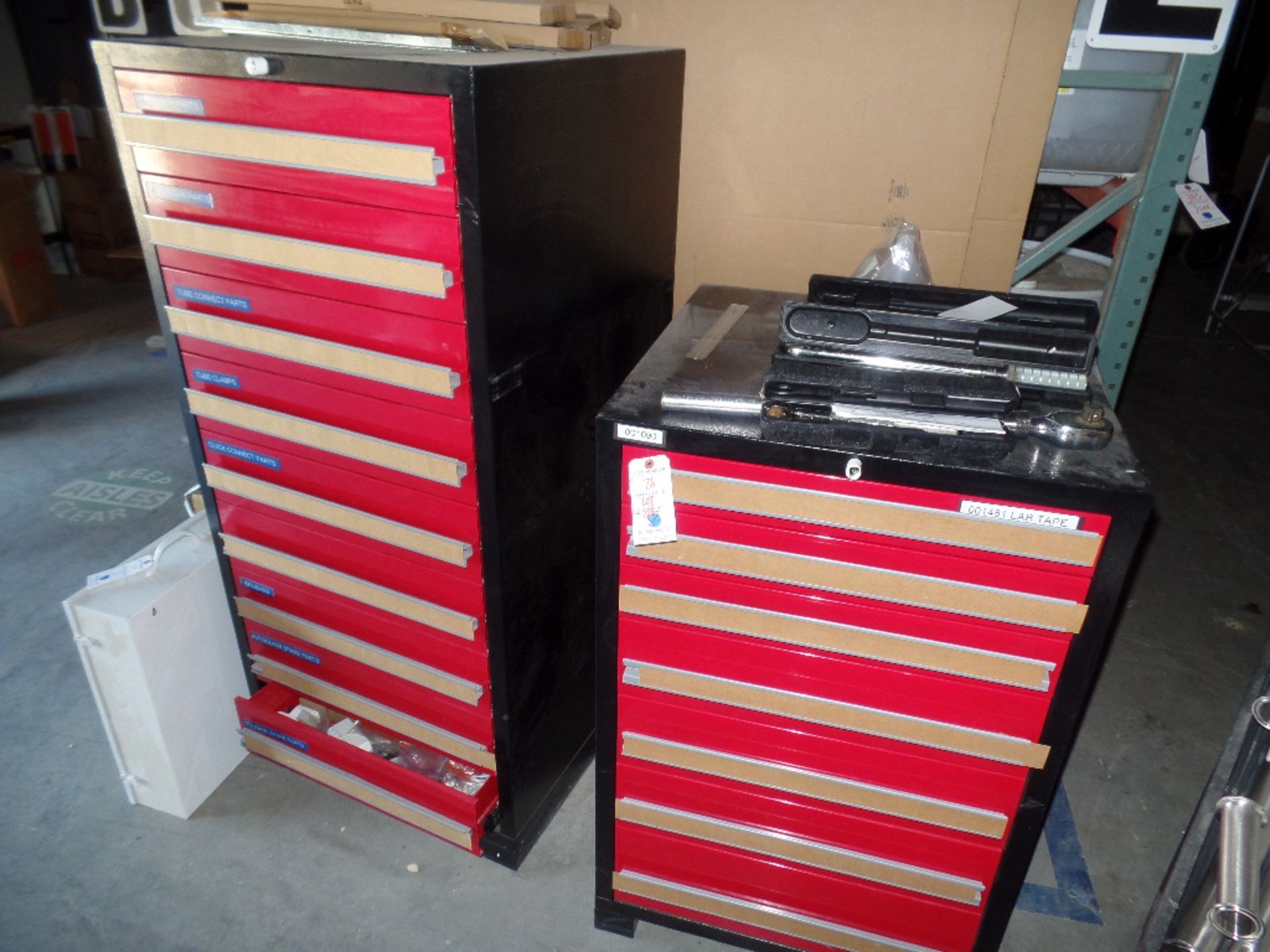 {LOT} (2) Multidrawer Tool Box Cabinets w/Contents (NO CONTENTS FROM BOTTOM DRAWER OF EACH UNIT)