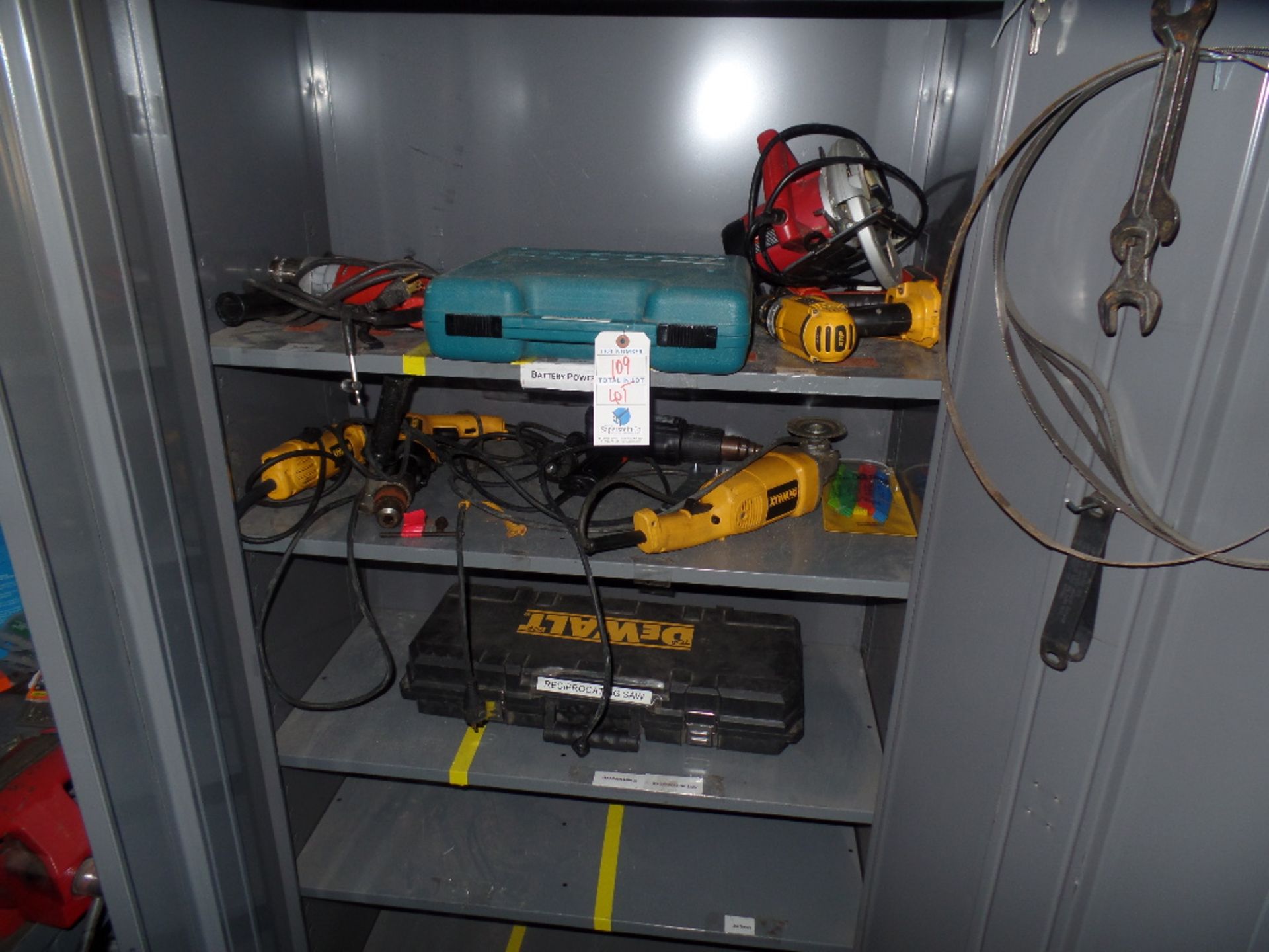 {LOT} Asst. Corded Power Tools & 2 Door Storage Cabinet