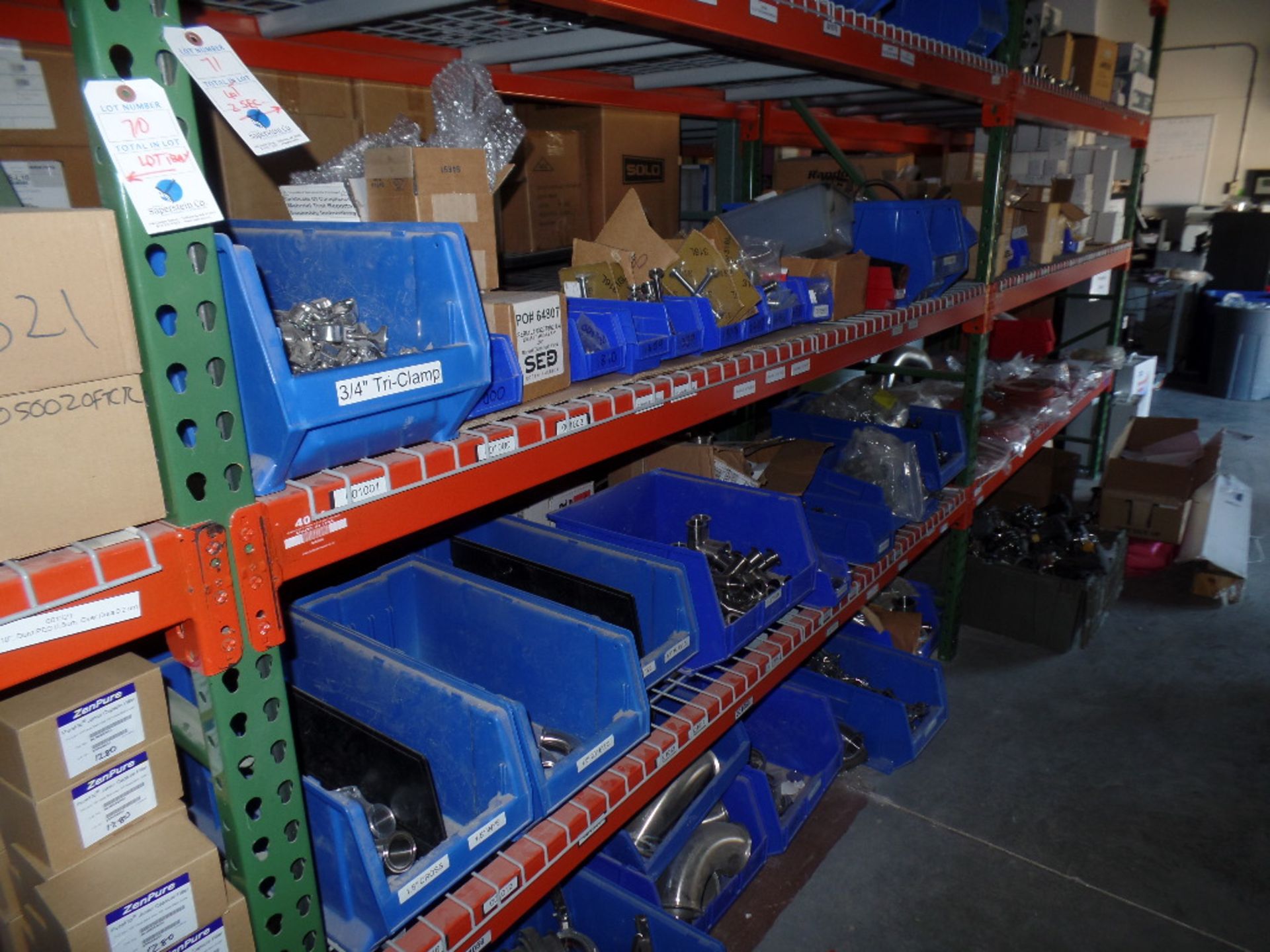 {LOT} Asst. Stainless Fittings, Pipes, Clamps, Caps, Flanges, Etc. on 2 Sections of Shelving - Image 2 of 5