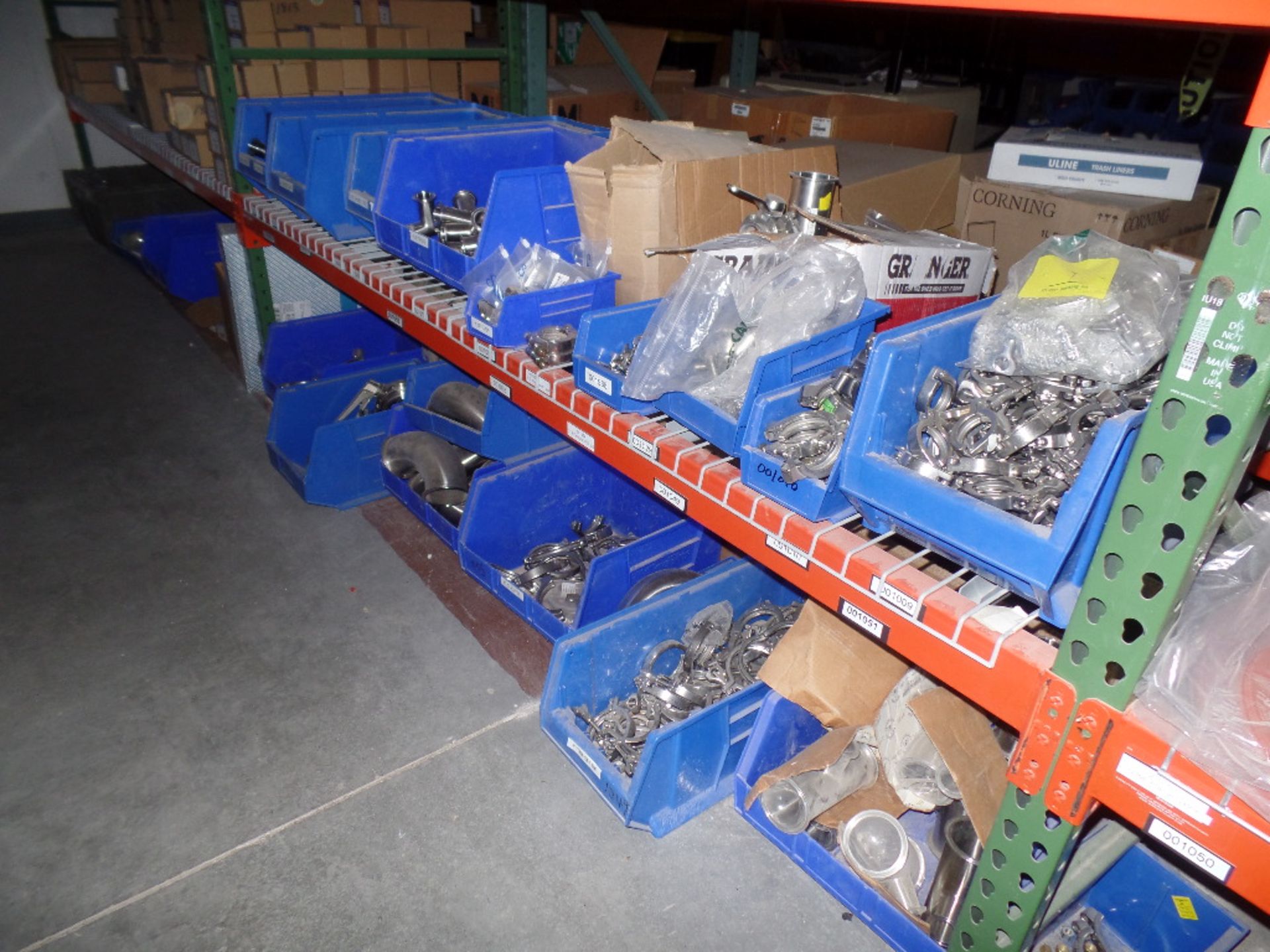 {LOT} Asst. Stainless Fittings, Pipes, Clamps, Caps, Flanges, Etc. on 2 Sections of Shelving - Image 5 of 5